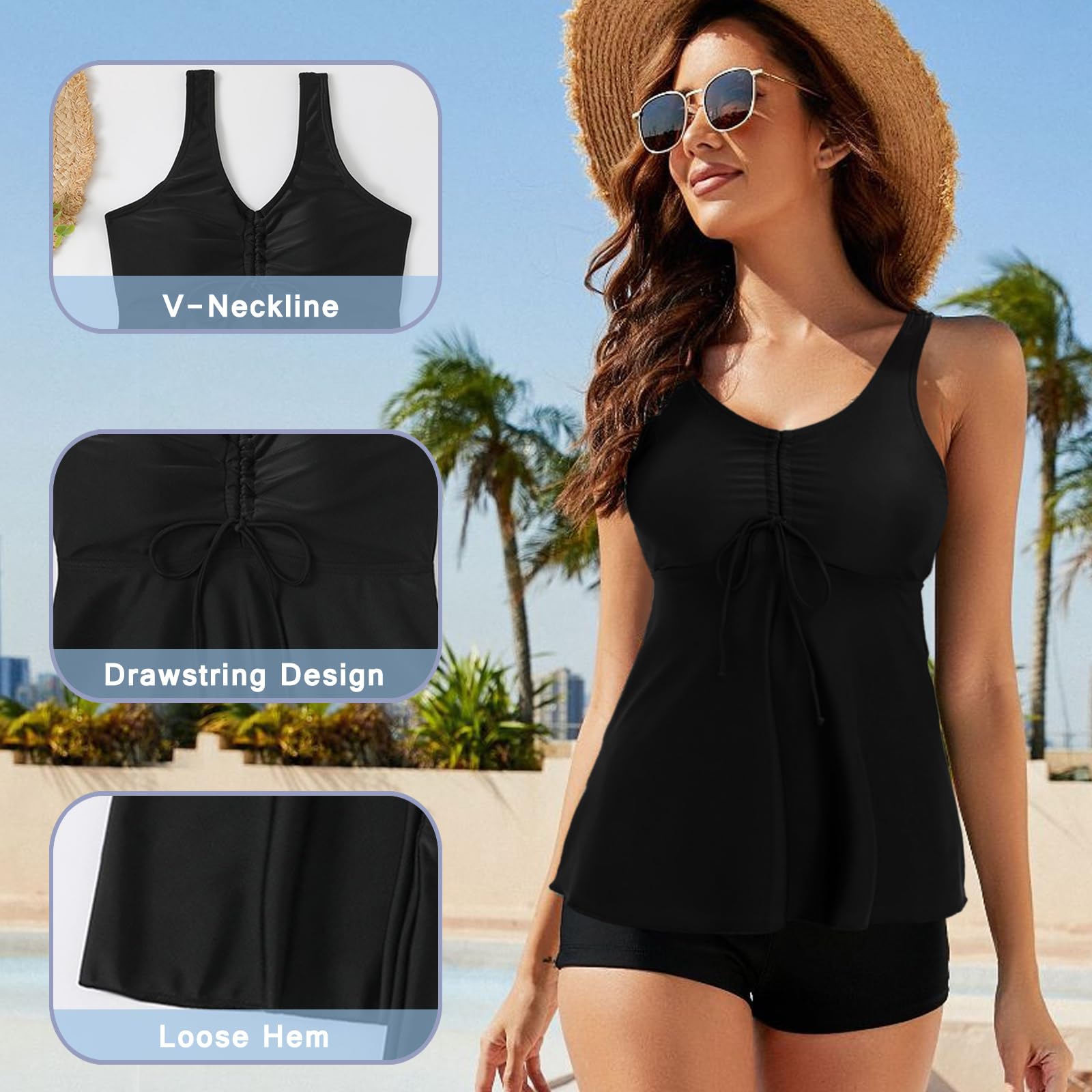 Traje de Baño Mujer Push Up 2 Piezas Tankini Reductor Barriga Top y Short Vacaciones Playa