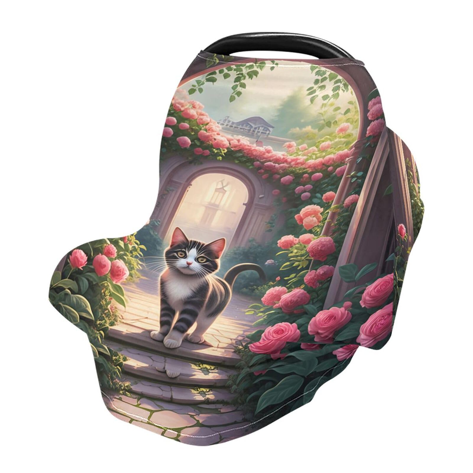 Nesatuwa Baby Car Seat Cover Cats and Flowers Breastfeeding Covers Stretchy Breathable Multi-Use Cover Carseat Canopy for Girls and Boys