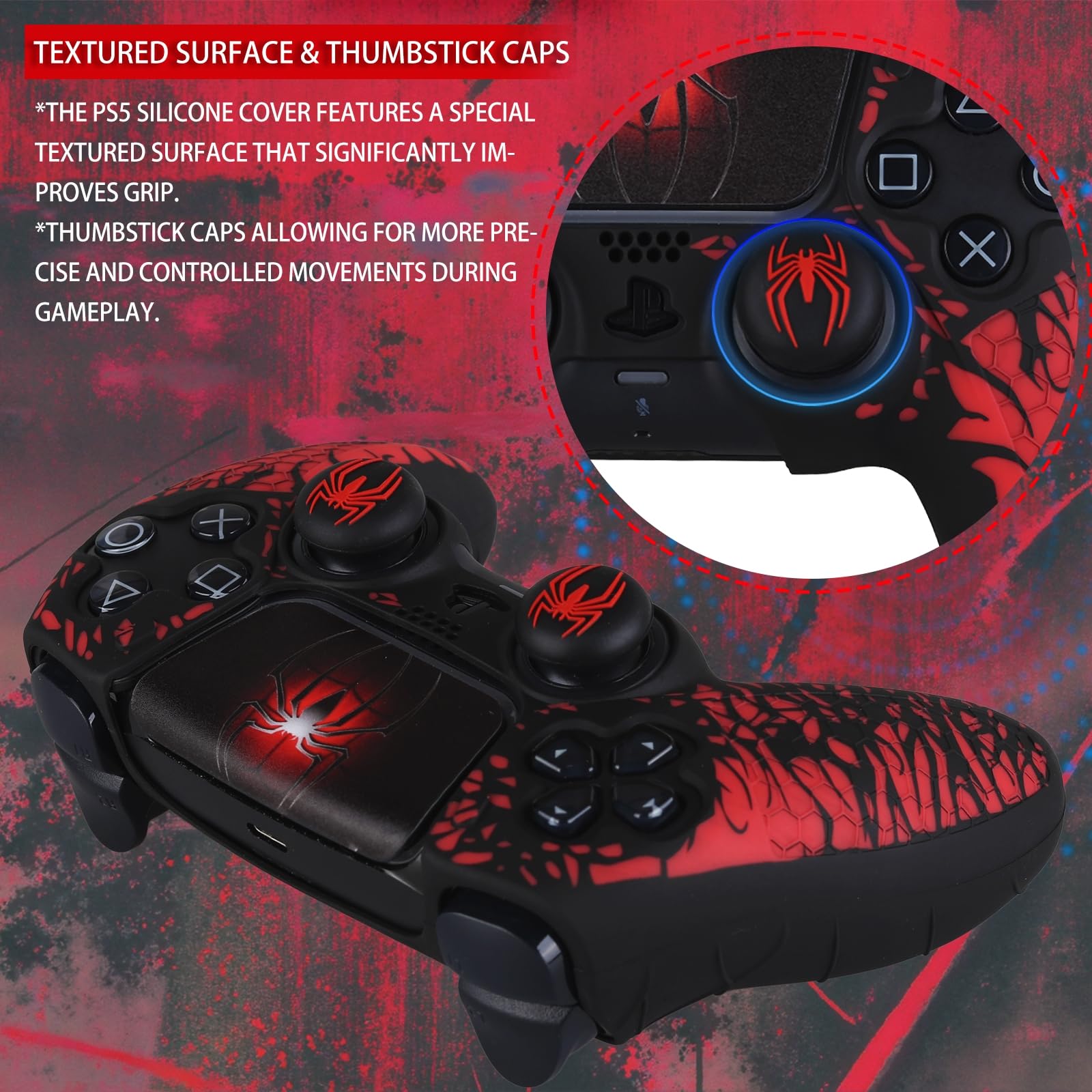 Cover in silicone antiscivolo per controller PS5 con tappi per levette * 2 & adesivo * 1 tema ragno