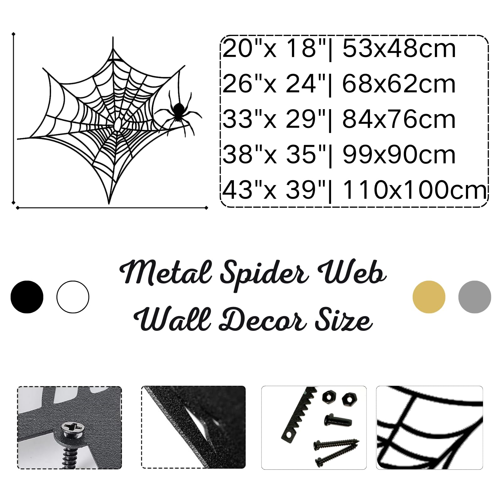 Metalowa, czarna pajęcza sieć, metalowa dekoracja ścienna na Halloween, nowoczesna rzeźba z pająkiem do salonu, sypialni i przedpokoju (biała, 53 x 48 cm)