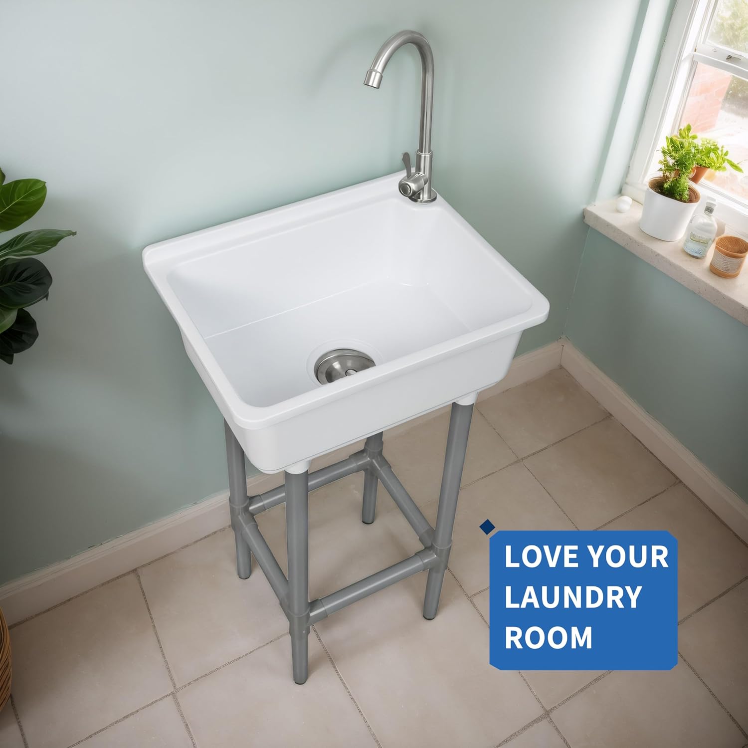Freestanding Single Bowl Utility Sink, Kitchen Wall-Mounted Sink 16.9 x 12.8 Inch laundry tub With 1.26 faucet hole Plastic Sinks for Home Restaurant Dorm Garage Bathroom,Laundry slop sink (white)