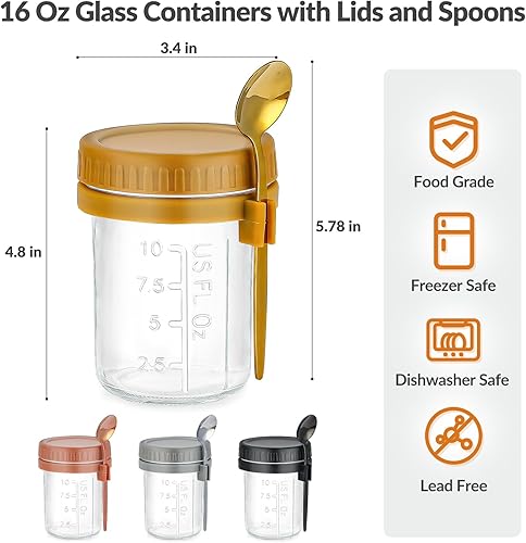 Miniatura 2 de DRKIO Paquete de 4 recipientes de avena con tapas y cucharas, tarros de vidrio de 16 onzas para avena durante la noche, a prueba de fugas, ideal