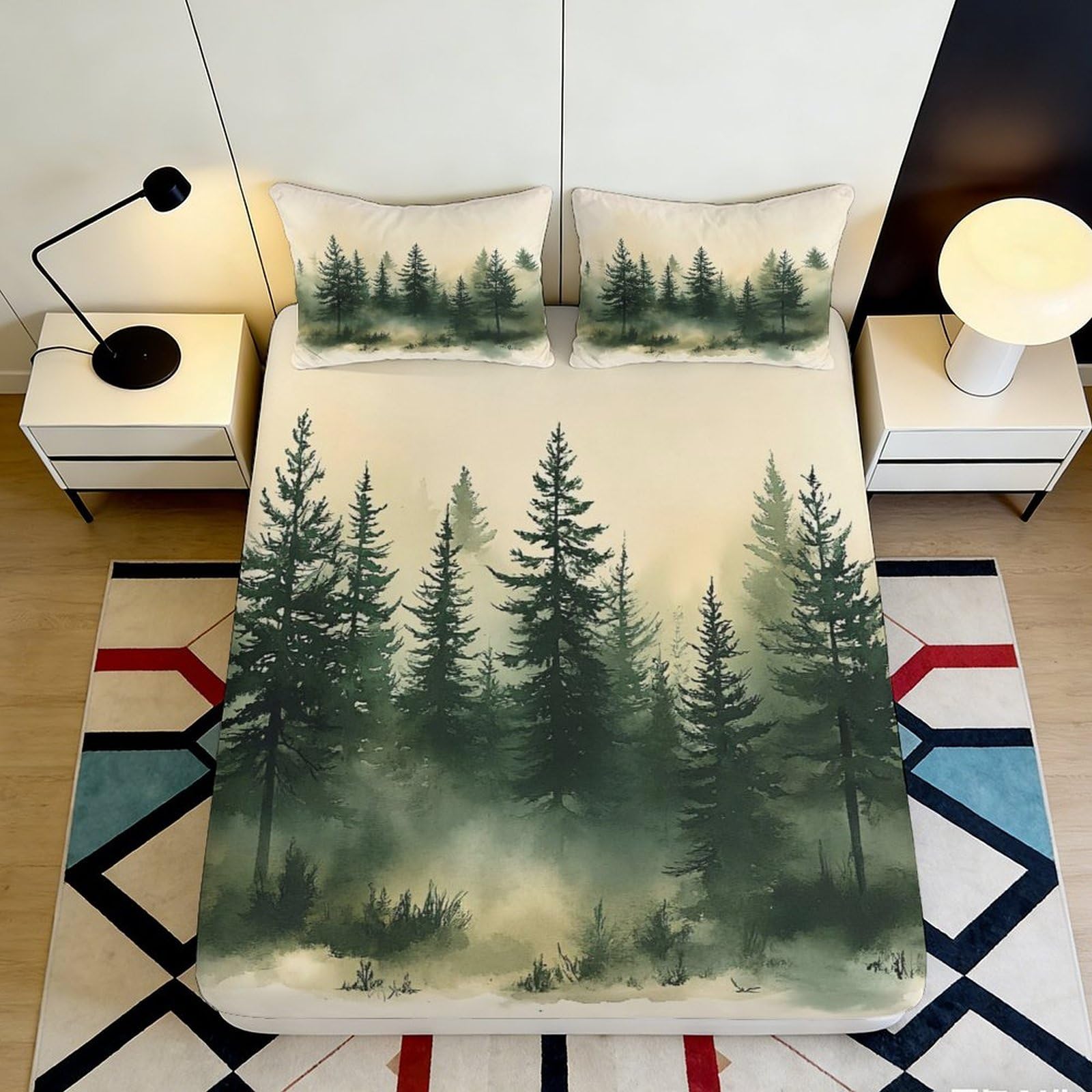 3D Printed Pine Forest Fitted Sheet Microfiber Soft Breathable Misty Woods Mattress Cover for Bedroom Dormitory Guest Room Mattress Protection Decor 140x200x25cm