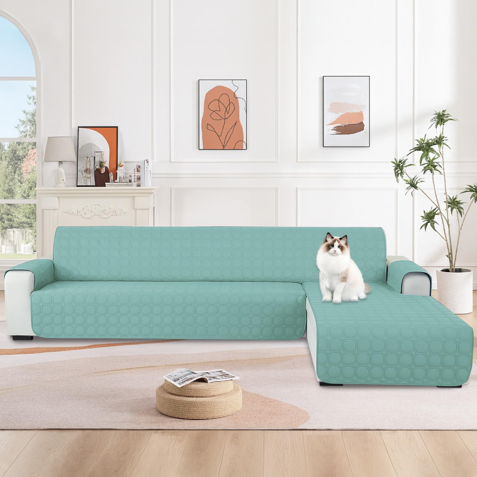 Ystyle Copridivano Impermeabile con Penisola 4 Posti (L 280 CM), Copridivano Angolare Destra/Sinistra Universale Reversibile, Copridivano Chaise longue Antigraffio Antimacchia, Blu Acqua Chiara