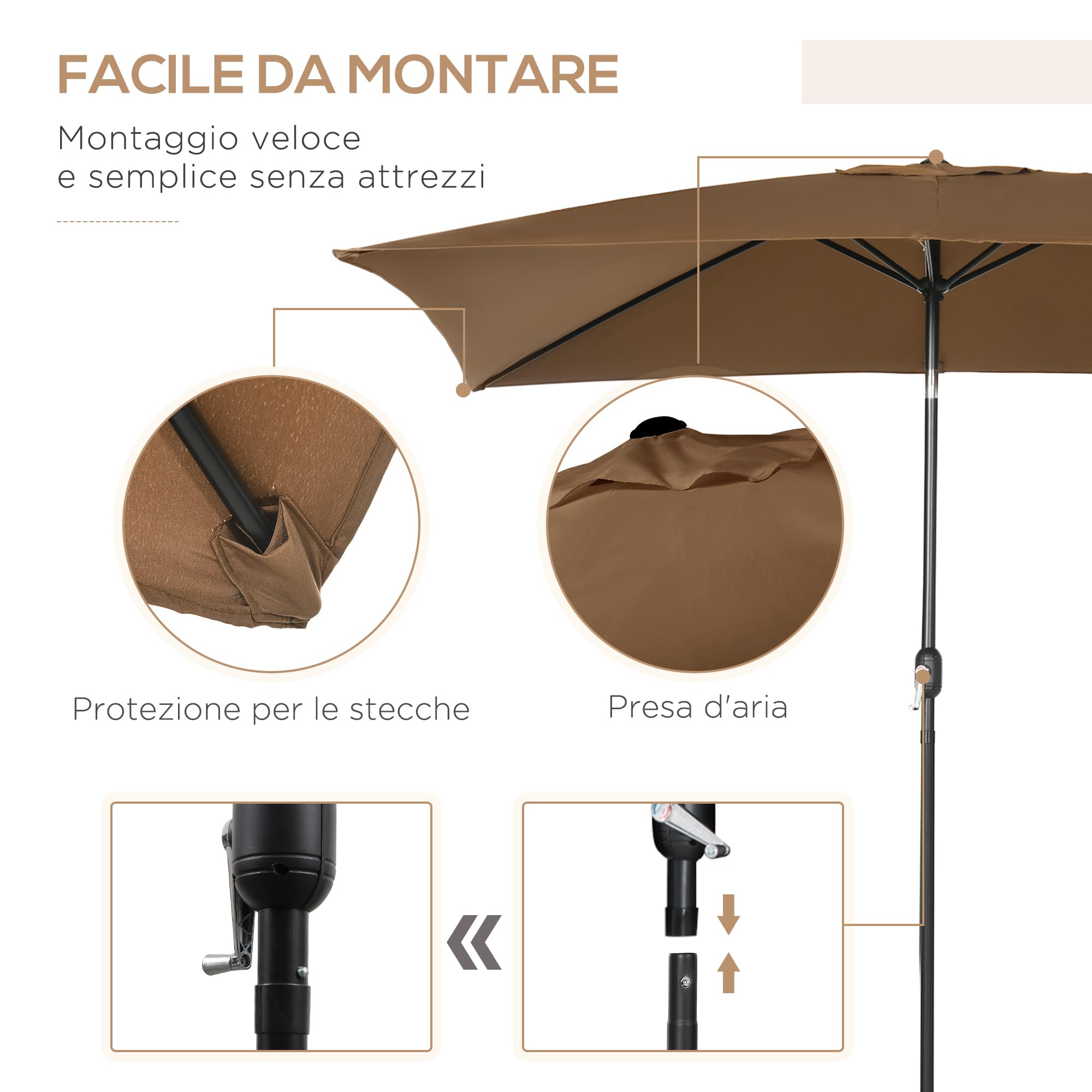 Outsunny Ombrellone da Giardino 2x3 m Inclinabile con Manovella, Ombrellone da Esterno con 6 Stecche in Alluminio e Poliestere, per Cortile, Terrazza e Balcone, Protezione UV