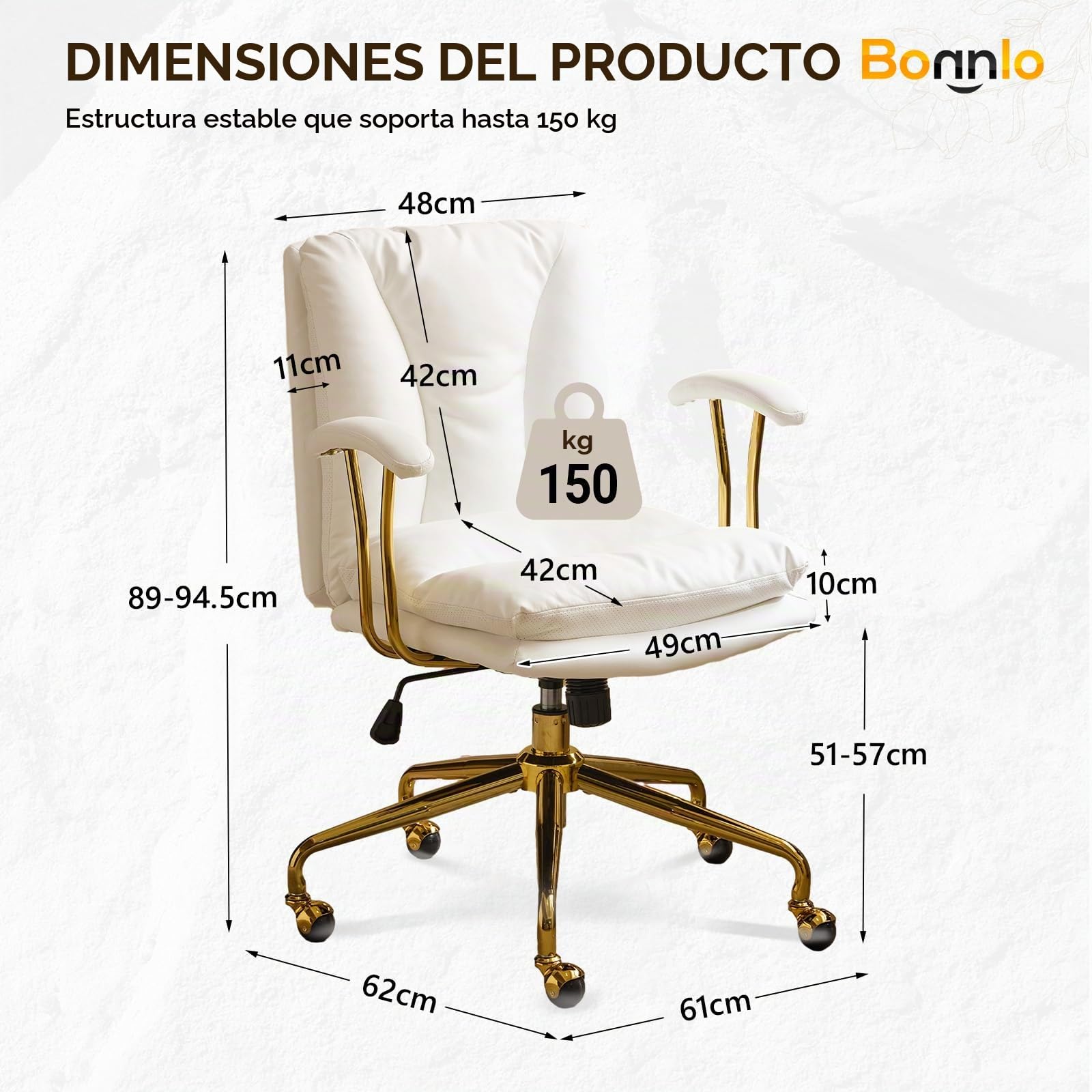 Bonnlo Silla de Escritorio, Silla ergonómica con reposabrazos, Silla ejecutiva, Silla giratoria, Regulable en Altura y Función de Inclinación, Oficina en Casa, Cuero PU, Blanco