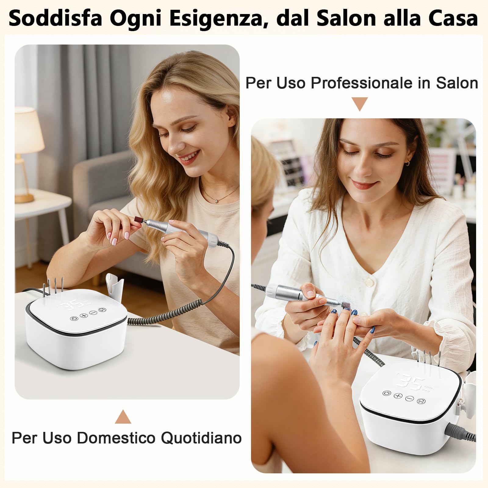 Fresa per Unghie Professionale 35000RPM, Fresa Unghie, Lima Per Unghie Elettrica, Display Digitale LED HD, Trapano Elettrico per Rimozione Gel/Smalto Bianco