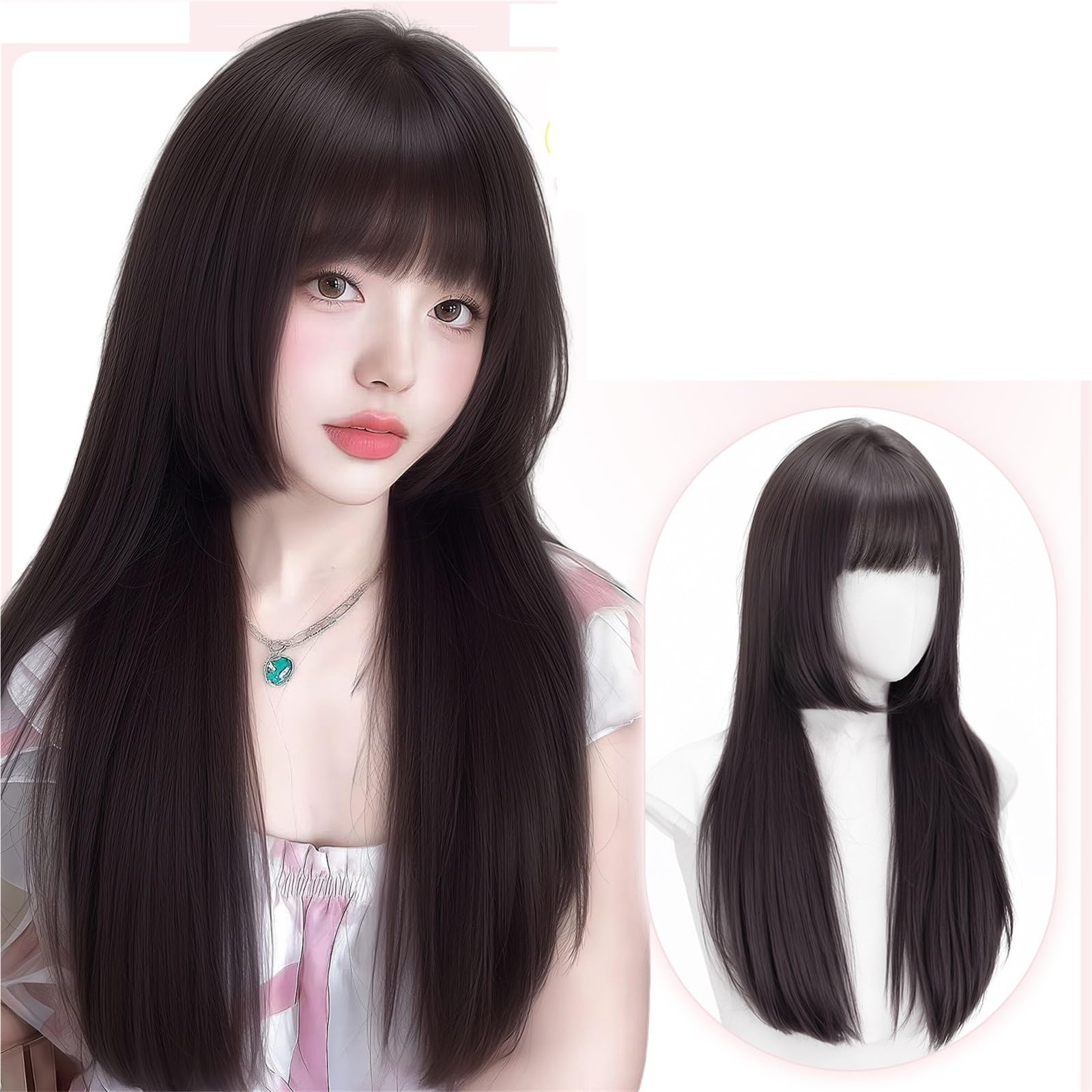 Libangrong-888 Women's Black Wigs Wig, Full Head Cover, Bangs, Medium Long Hair, Versatile For Daily Use Natural Wig(Black)