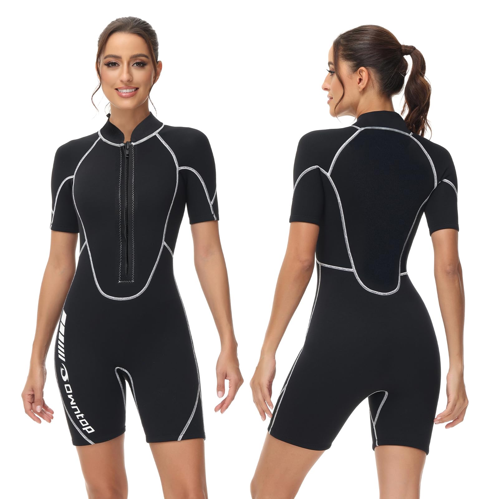 Owntop 3/2mm Shorty Wetsuit Women - Front Zip Wet Suit for Diving Surfing, Short Sleeve Diving Suits Stretch Neoprene for Water Sports, Women Black S