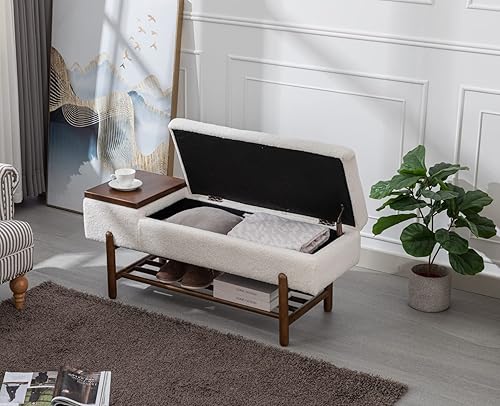 Miniatura 6 de Banco de entrada moderno tapizado con tapa abatible, banco otomano de sherpa, banco otomano con marco de maderaestante para sala de estar,