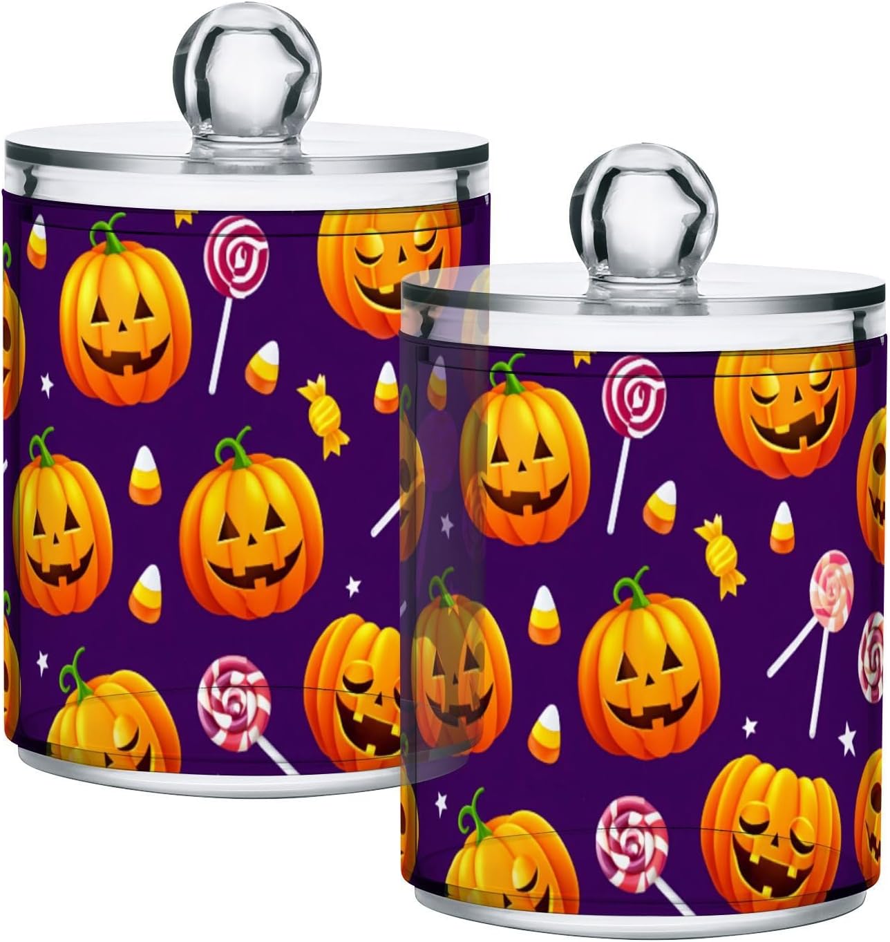 2 Pack Apothecary Jars Halloween Pumpkin Expression Qtip Holder Organizer Clear Airtight Container for Cotton Swabs Food Storage 14oz Plastic Jars with Lids