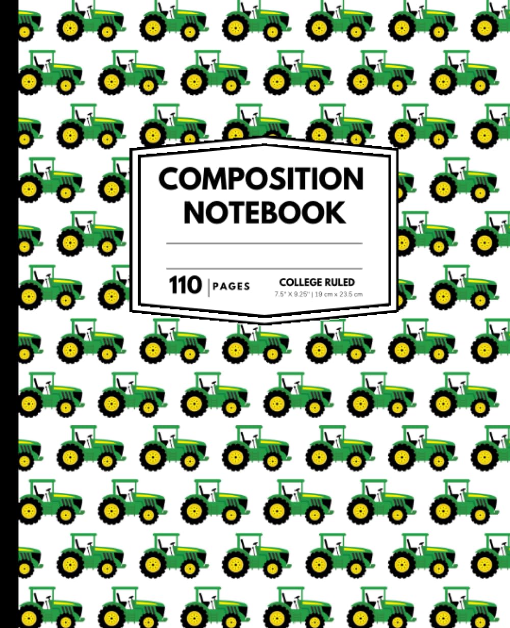 Farm Tractor Wide Ruled Composition Book for Kids: Fun Green Tractor Farm Pattern | 110 Pages: Journal For Teens, Kids, Work, Students, Farmers