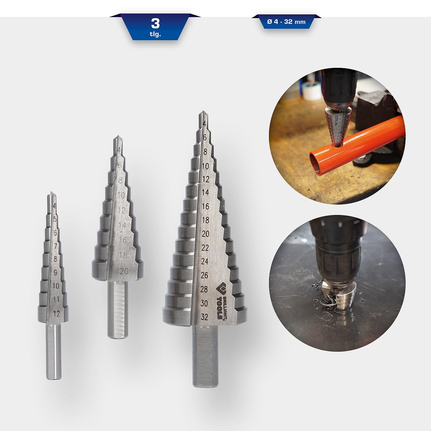 BRILLIANT TOOLS BT101925 Jeu de forets étagés, 3 pcs, Ø 4- 32 mm [Powered by KS TOOLS] | Jeu de forets étagés, 3 pcs, Ø 4 à 32mm
