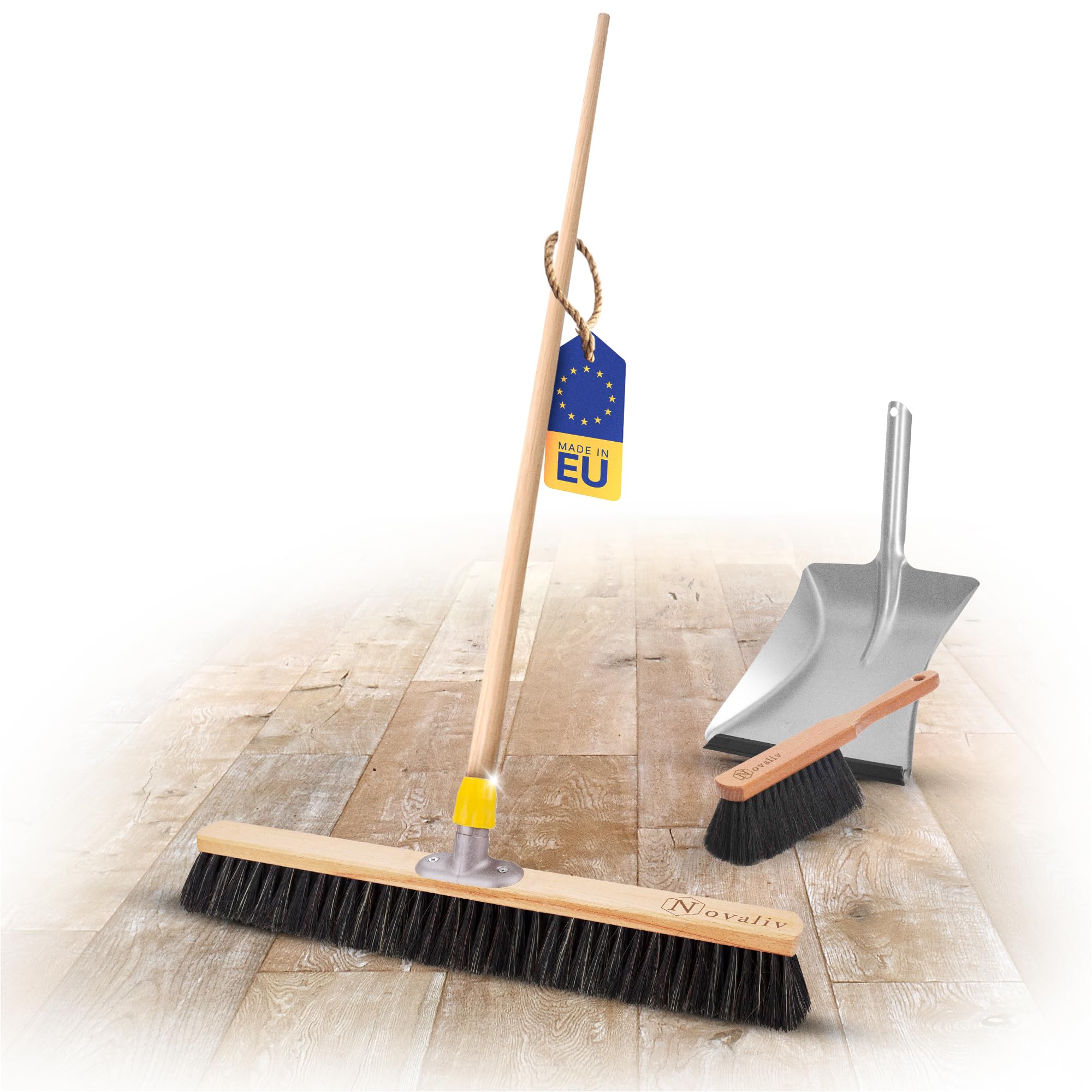 Novaliv Juego de escoba y recogedor con borde de goma, cepillo de mano de 60 cm con mango de madera, cerdas suaves