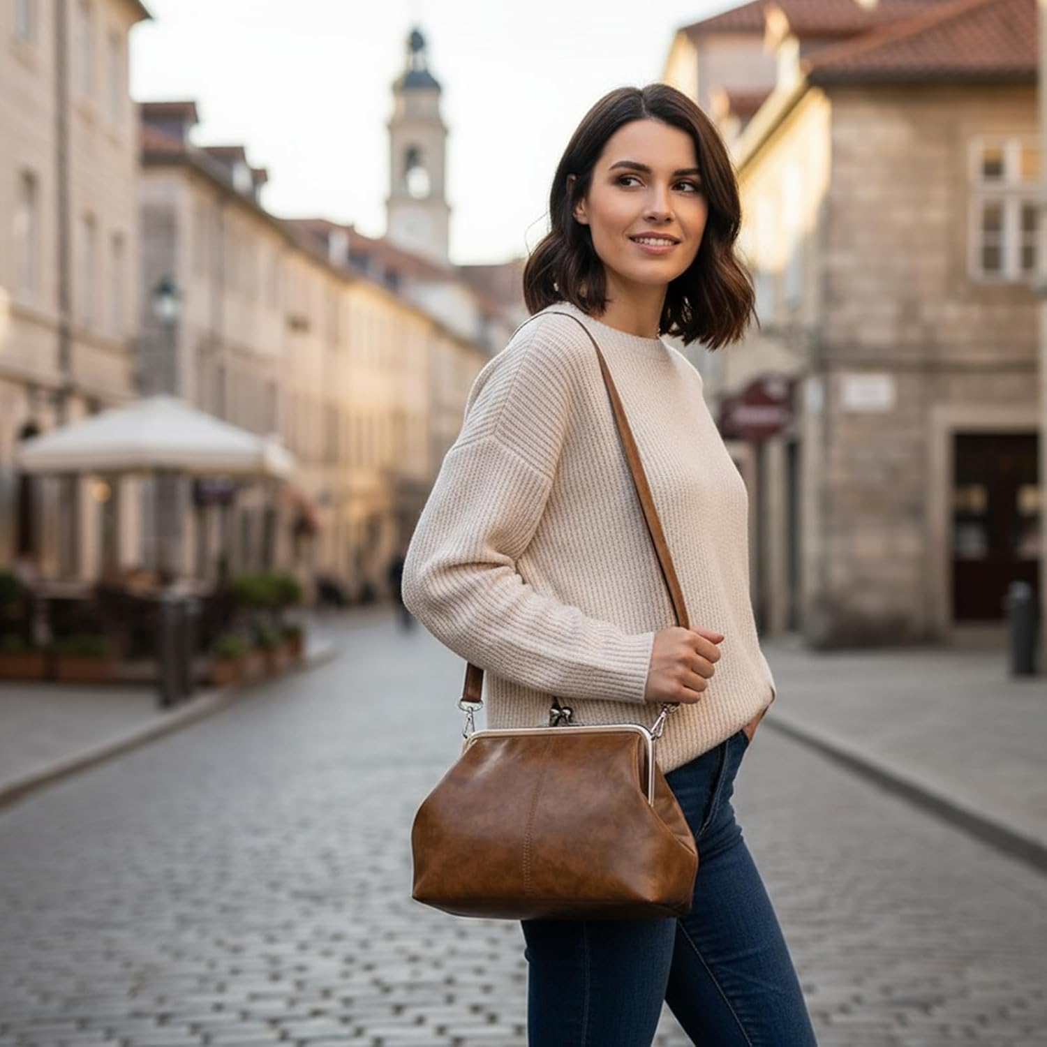 Kiss Lock Crossbody Bag Pu Leather Shoulder Bags For Women Kiss Clasp Handbag Trendy Tote Purse Evening Clutch - Image 2