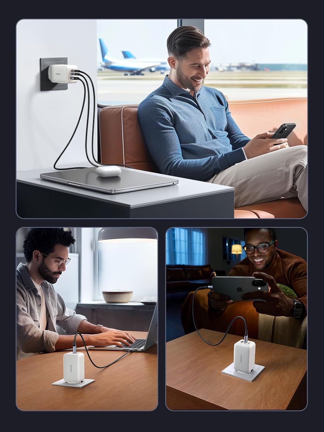 UGREEN Nexode 65W USB C GAN Tech Cargador 3 Puertos, Adaptador de Corriente USB C Compatible con MacBook Air, iPhone iPhone 17 Pro MAX Air/16/15/14, iPad, Samsung Galaxy S25/S24/ S23, Google Pixel 9