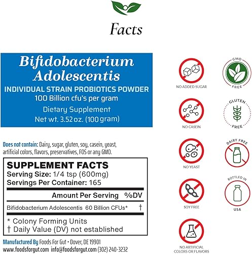 Miniatura 2 de Foods For Gut Bifidobacterium Adolescentis Probiotic Powder 100 mil millones de ufc  Sin aditivos  Apoyo digestivo e inmunológico  Alta potencia  B.