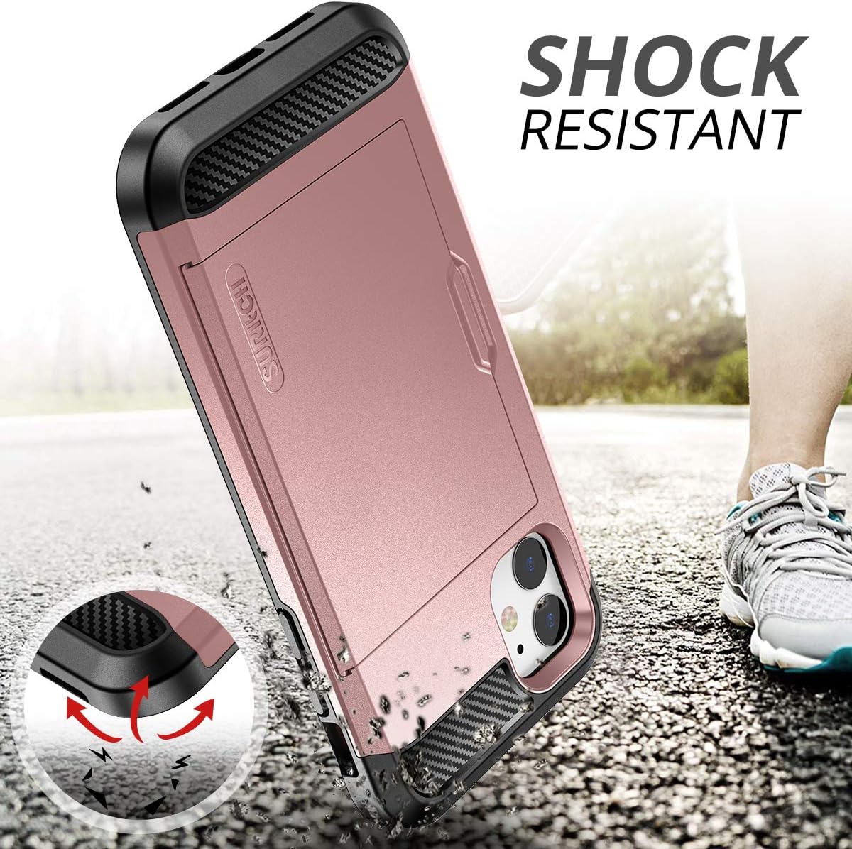 SURITCH iPhone 11 Wallet Case with Card Holder and Built-in Screen Protector Defender Shockproof Hybrid Dual Layer Hard PC + TPU Heavy Duty Protection Bumper Case for iPhone 11 6.1” Rose Gold