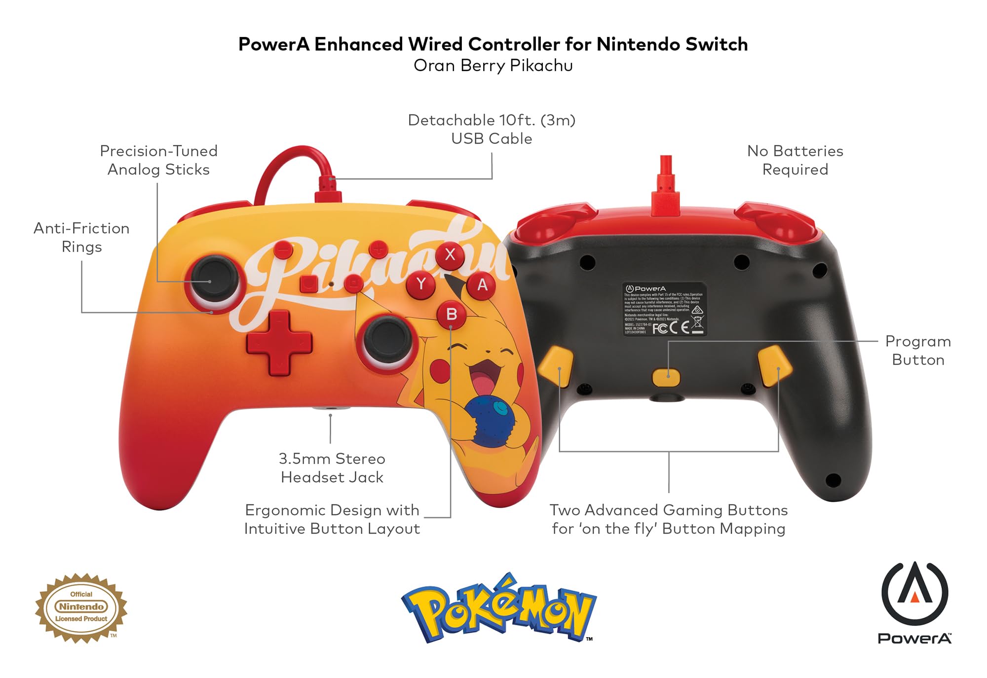 Ulepszony kontroler przewodowy PowerA do konsoli Nintendo Switch - Oran Berry Pikachu