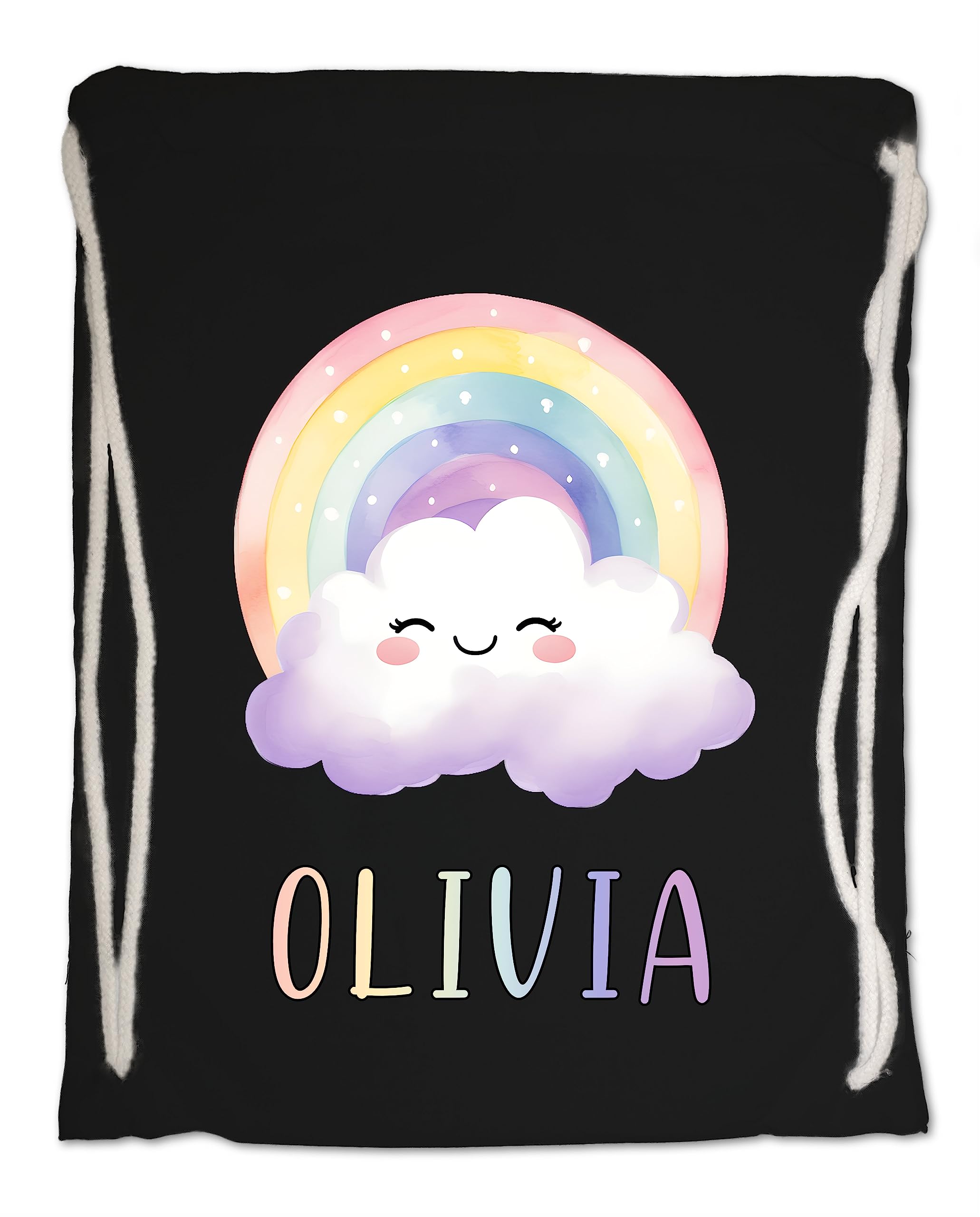 Kids Personalised Gym Bag. Watercolour Rainbow Clouds Any Name Swimming PE School Sports Bag. (Black)