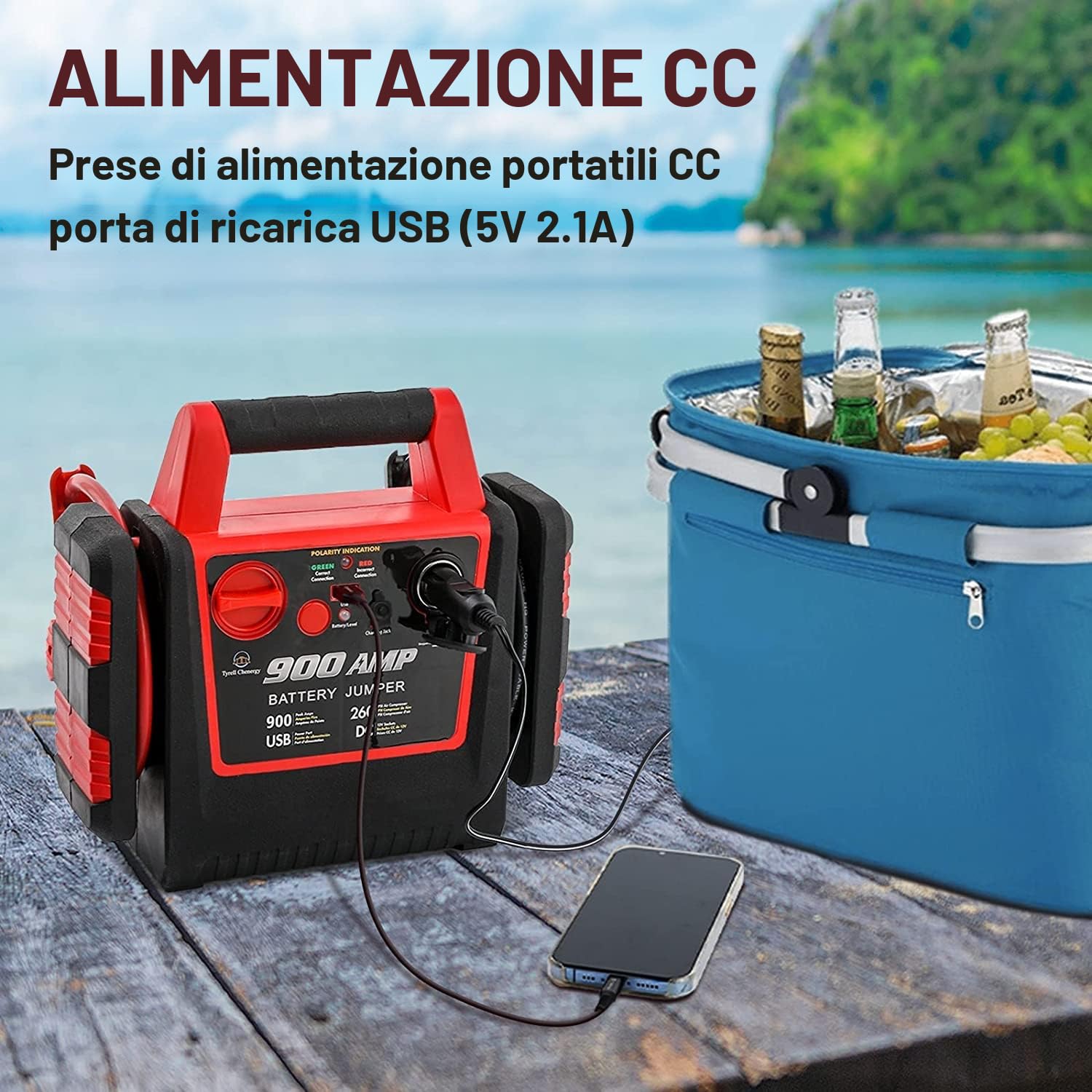Avviatore di emergenza per auto con compressore d'aria, 900 A 12 V, batteria al piombo, caricabatterie bancario presa USB e presa CC, 150 PSI gonfiatore pneumatici 3 adattatori
