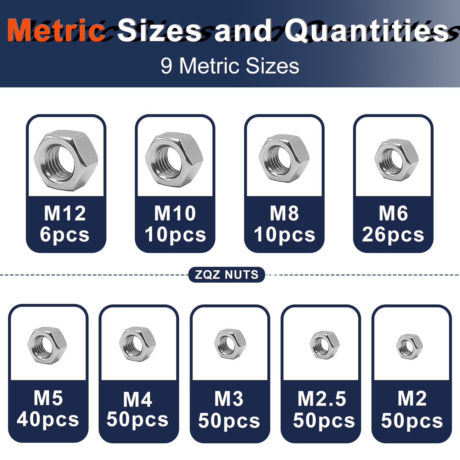 ZQZ 510 Pcs SAE & Metric Hex Nut Assortment Kit;304 Stainless Steel Nut Set — Amazon image 2