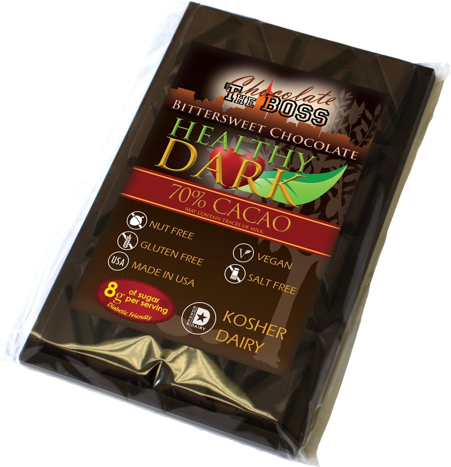 Premium Dark Chocolate Bar 70% Cacao - Kosher Dairy. 1 Pound