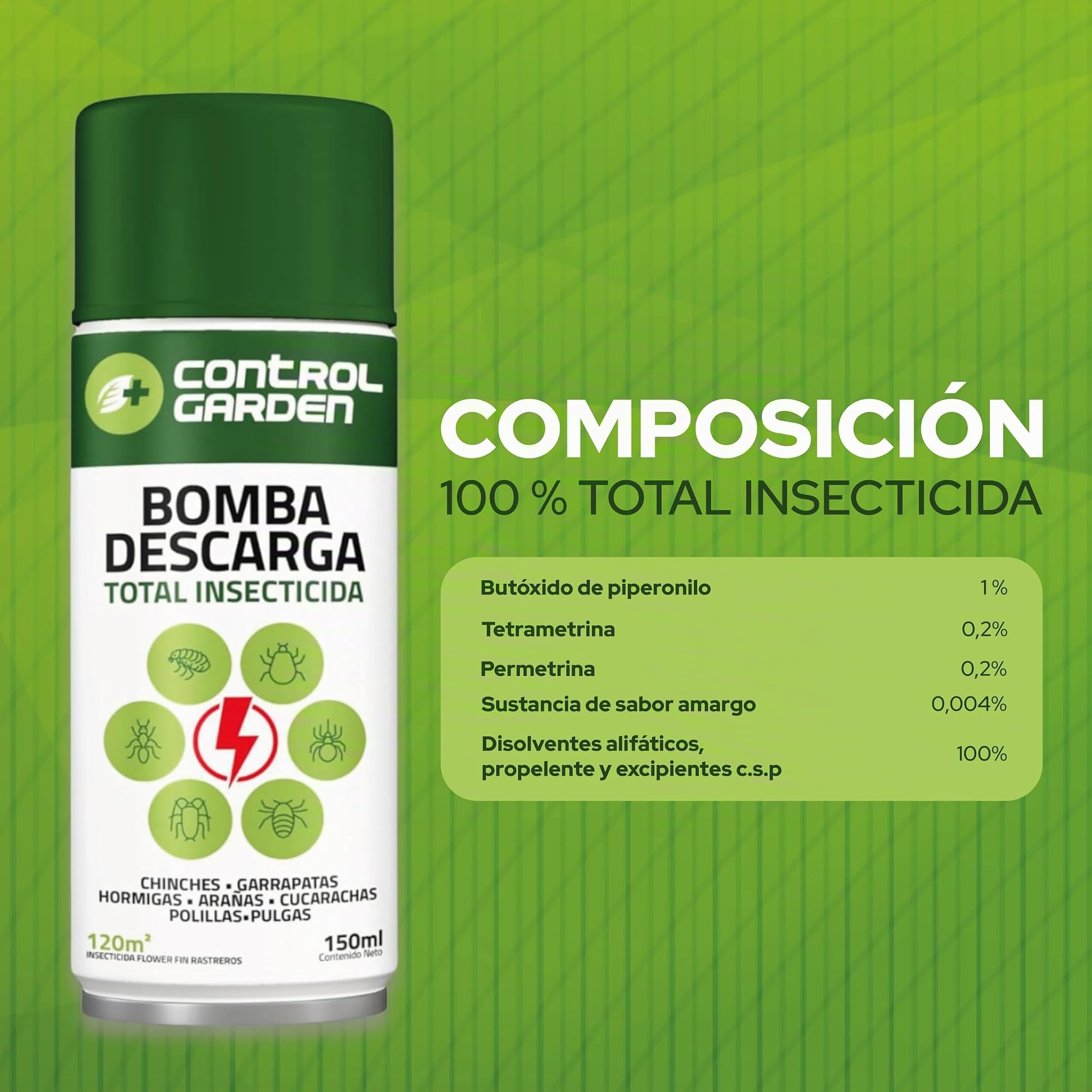 CONTROL GARDEN Pack 12 Insecticida Descarga Total 150 ML Interior y Exterior | Repelente Anti Insectos: Chinches, Ácaros, Hormigas, Arañas... | Fungicida Larvicida Ovicida Bomba de Humo Espacio 120 m2