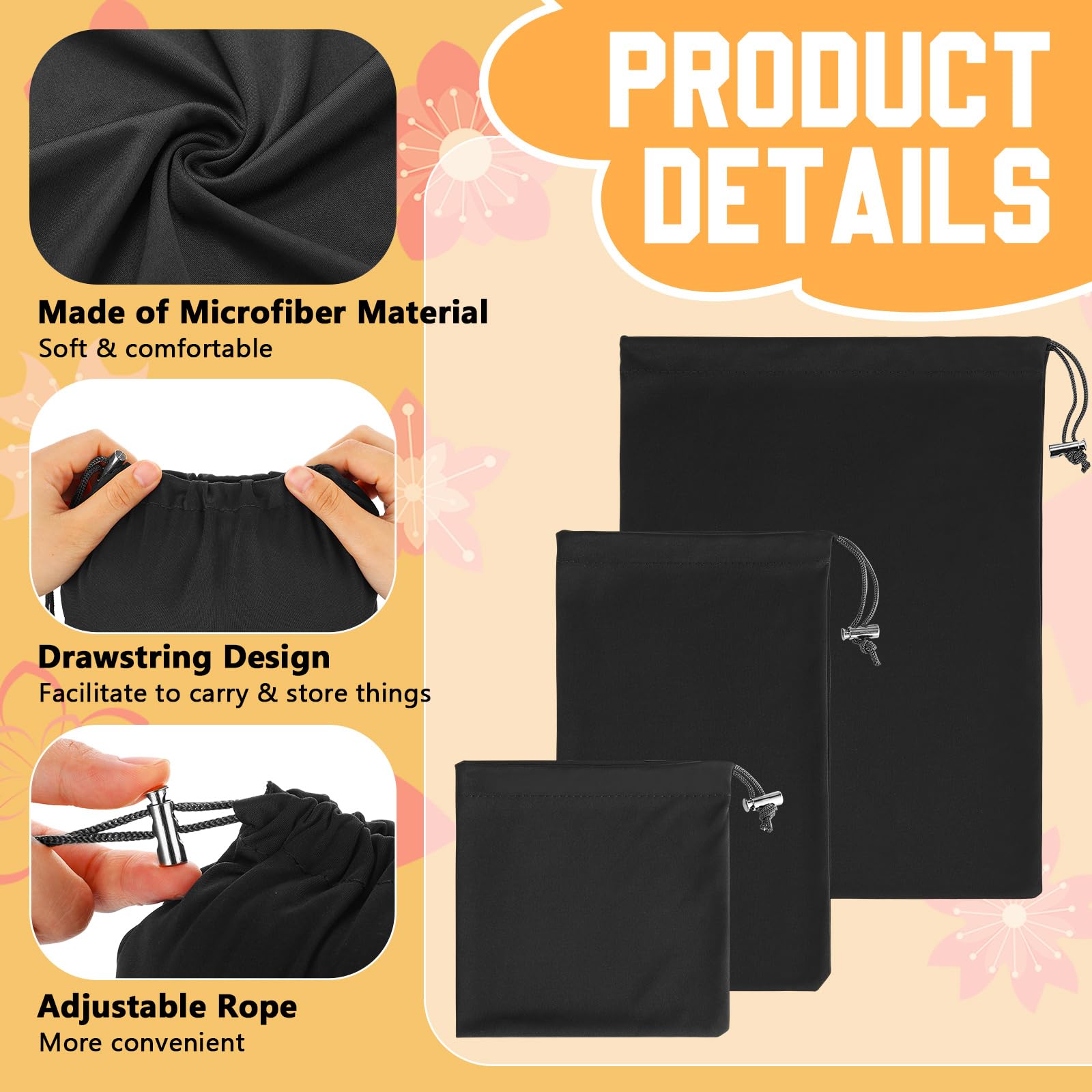 Nuogo 30 bolsas de almacenamiento de juguetes para adultos, 3 tamaños, bolsa de microfibra con cordón, organizador de juguetes ajustable, bolsa plegable para joyas, juguetes, cosméticos (negro)