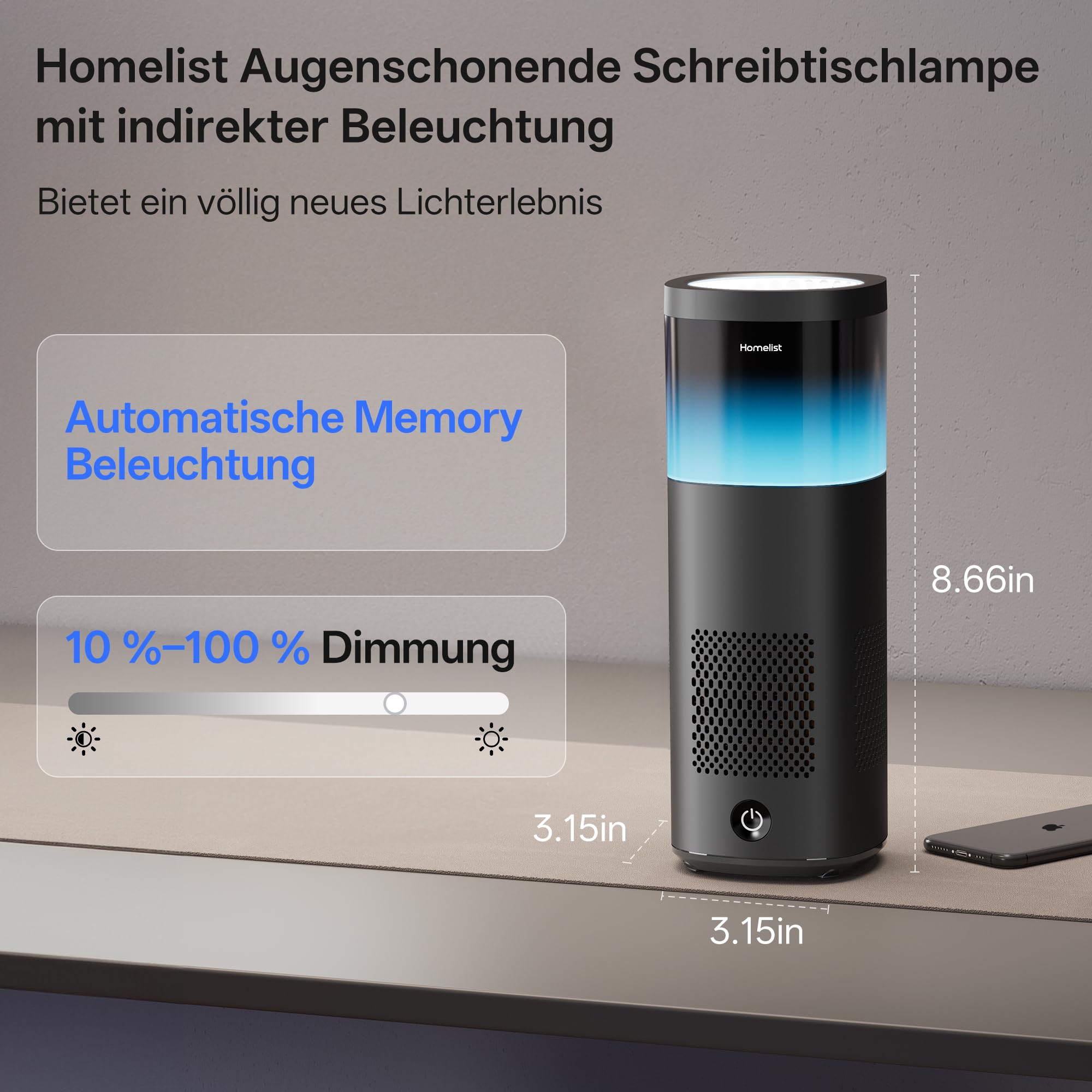 Homelist Schreibtischlampe LED, Tageslichtlampe 72W 6500LM, Indirekte Beleuchtung, Touch Dimmbar, CRI>98 Blendfrei, für Büro, Arbeitszimmer, Computerschreibtisch, Lesen & Zeichnen