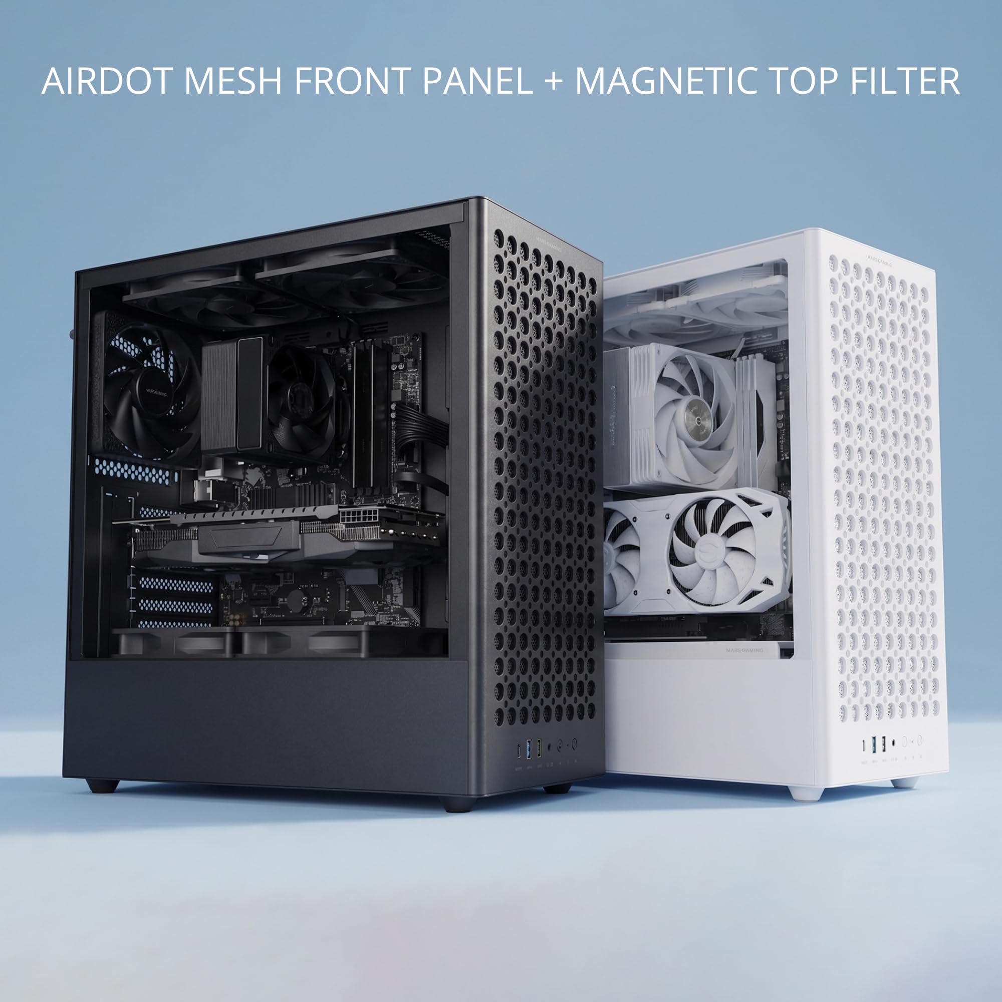 Mars Gaming MC-T800, Caja Gaming ATX, 4X Ventiladores FDB 120mm Ultrasilenciosos, Panel Frontal Airdot Mesh, Ventana Lateral de Cristal Templado, Semitorre PC con Sistema CableHatch, USB-C, Negro