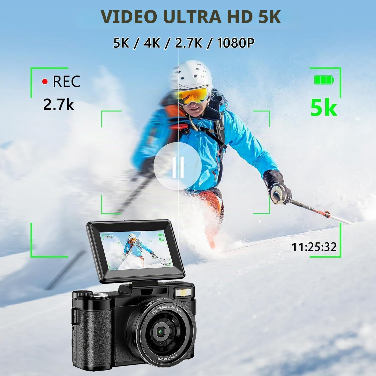 Macchina Fotografica 5K 64MP Zoom Digitale 18X Autofocus Fotocamera Digitale, Schermo IPS 3" Rotante a 180°, Fotocamera per Vlogging con Scheda di Memoria da 32GB,per Principianti