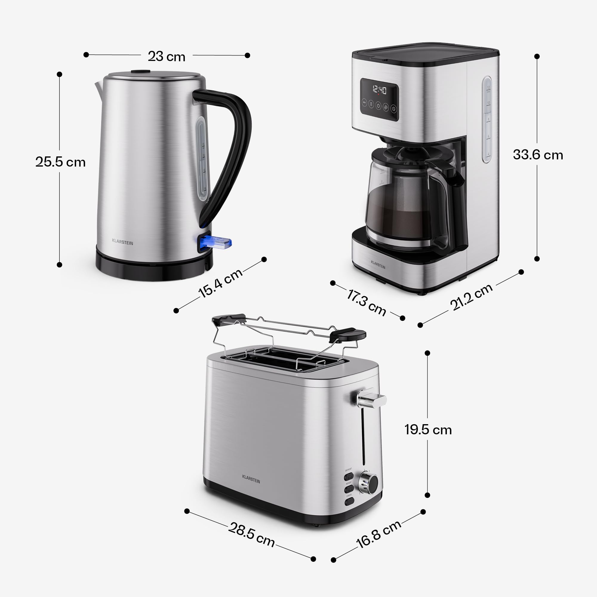 Klarstein Verosteel Set Petit-Déjeuner Complet – Grille-Pain 2 Fentes 7 Niveaux, Bouilloire Électrique Inox 1,7L, Cafetière Filtre 12 Tasses, Design Moderne, Support à Petits Pains