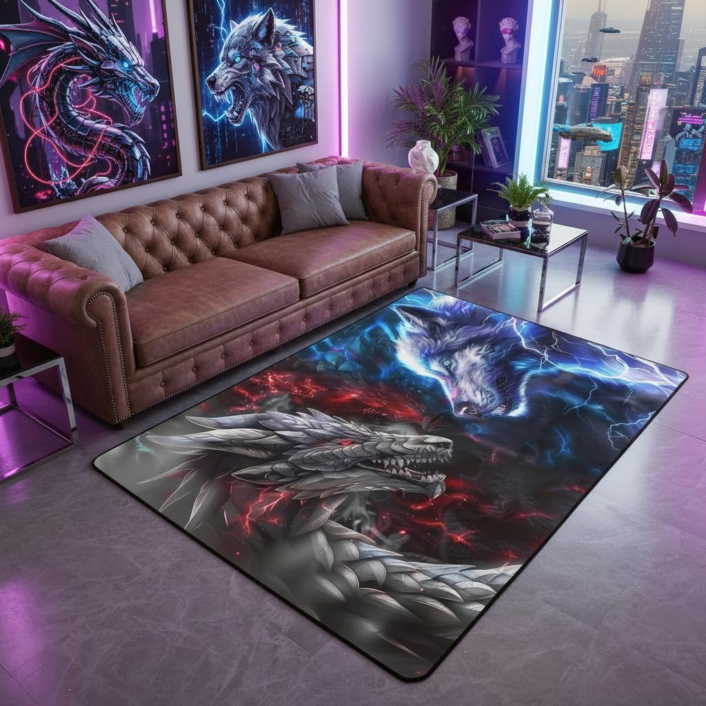 Dragon Wolf Decorative Carpet Area Rug,Fire Lightning Living Room Rugs for Bedroom Cool Wild Animal Area Rug Black Blue Red Carpet Kitchen,5x6'6''