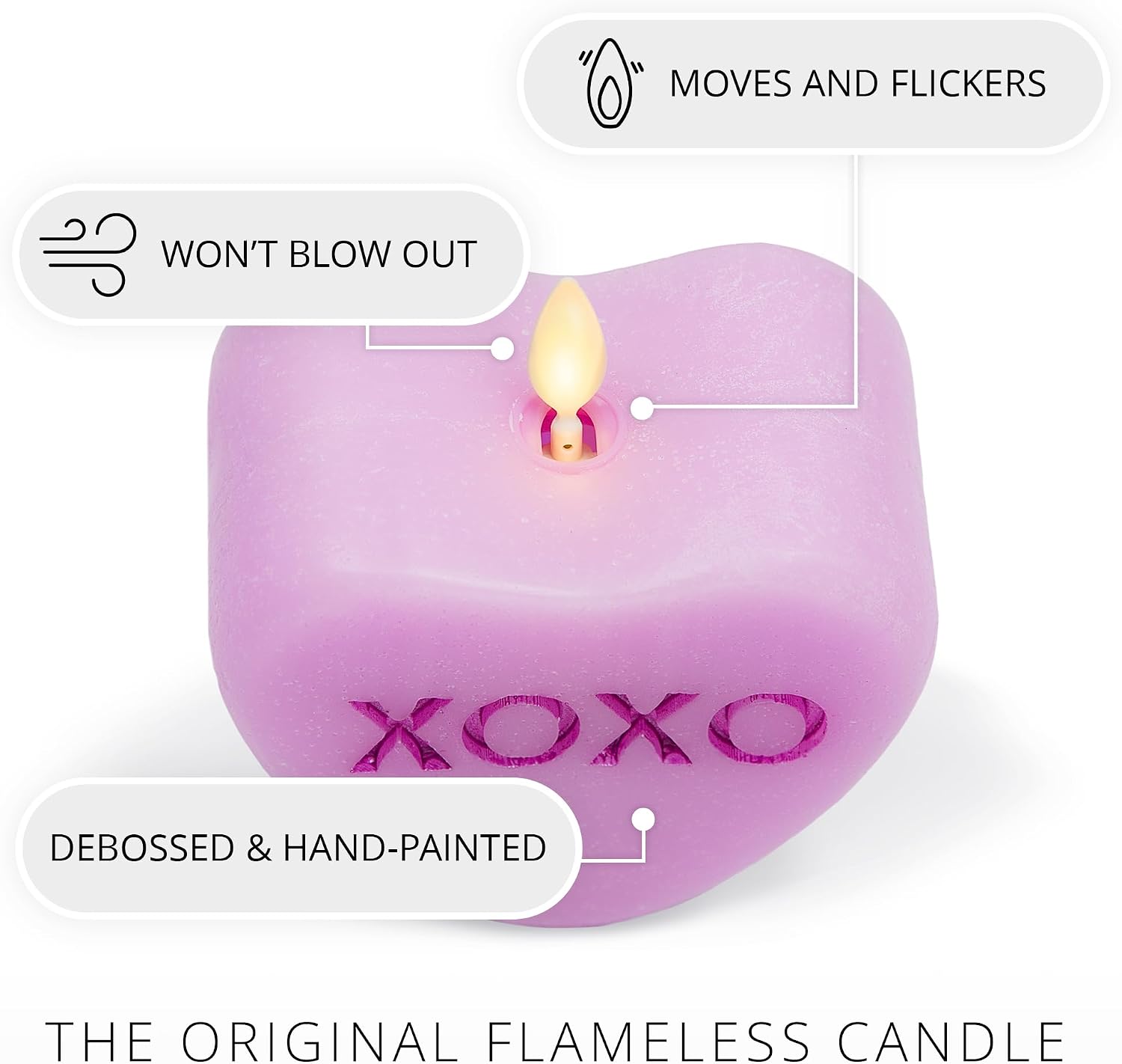 Luminara Candy Heart XOXO Pastel Orchid Candle- Flameless Real-Flame Romantic Battery Operated LED Decor- Valentine's Day Collection- 3.5" x 4.5"