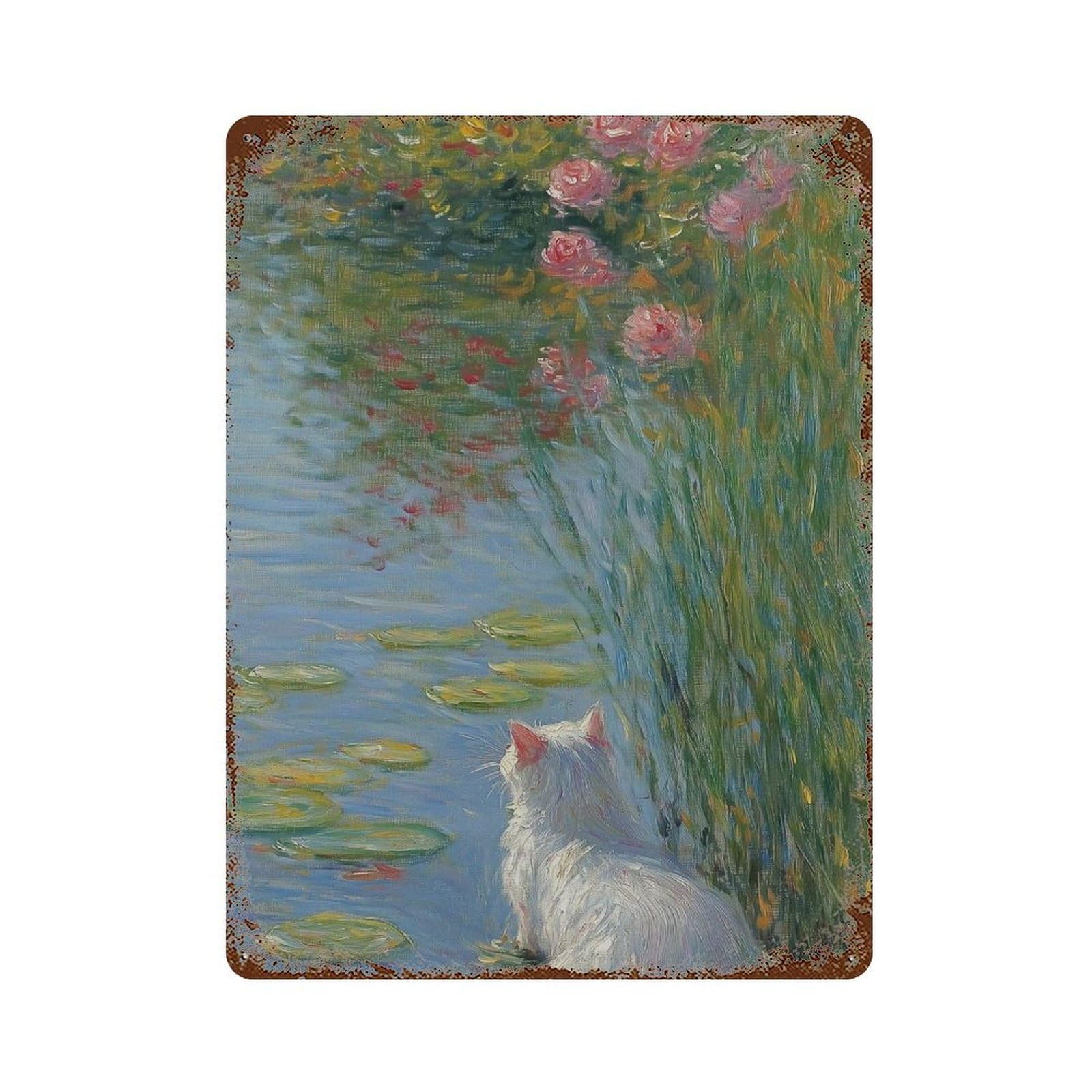 xiaoxiaoshen Cat by The Pond Impressionist Painting Floral Garden Monet Style Romantic Nature Wall Decor Art Metal Tin Poster Modern Home Decor Art Home Bar Shop Decorations Vintage Sign 40x30cm