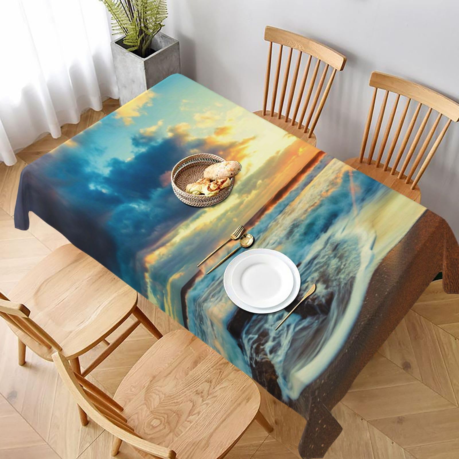 BNVSADC Sunset beach Printed Rectangle Tablecloth 228x152 CM, Water Resistant Polyester Table Cloth Decorative Fabric Table Covers for Kitchen Dining Table Parties Camping