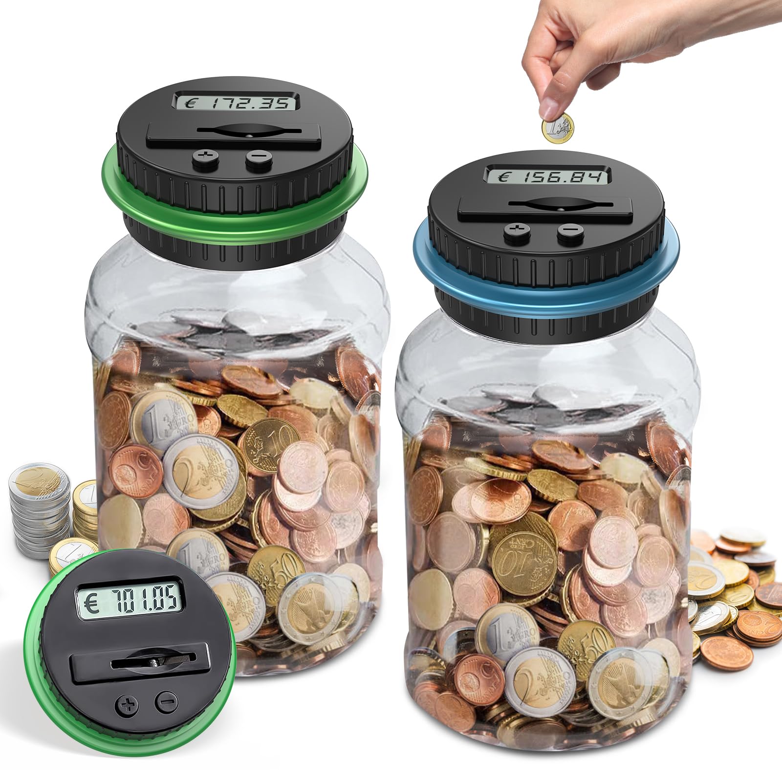 2 Stück Digitale Spardose mit Zähler, 1.8L Spardose Groß, Elektronisch Sparschwein mit LCD Display Euro Geld Sparen, Transparente Münzzähler Automatisch, Geschenk für Kinder und Erwachsene (Blau+Grün) Küche, Haushalt & Wohnen