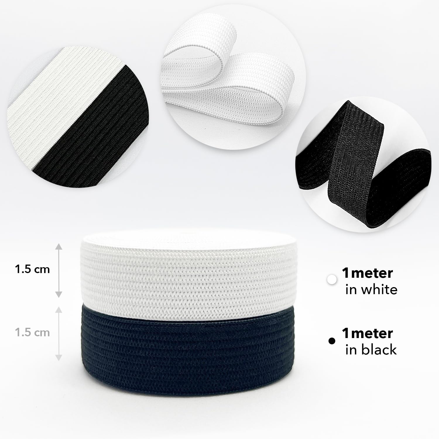 Bande Élastique Couture 40mm - 15 Mètres (5m Blanc + 10m Noir) - 3 Rouleaux Élastique Robuste