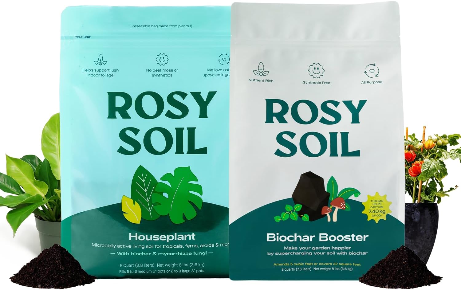 Rosy Soil Biochar Booster 8qt + Indoor Potting Mix 8qt for Houseplant - Peat Free Organic Living Soil with Worm Castings, Mycorrhizae, Pine Bark Fines - Fast Draining, Root Boosting Biochar Supplement