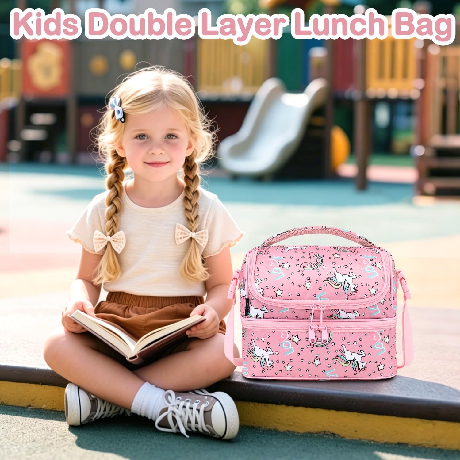 FlowFly Double Decker Cooler Insulated Lunch Bag Large Tote for Boys, Girls, Men, Women, With Adjustable Strap (Red-Unicorn) image 2