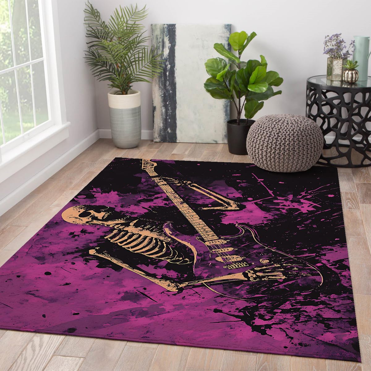 Tapis crânes graffiti noir et violet, carpette de chambre 180x270 cm à poil court