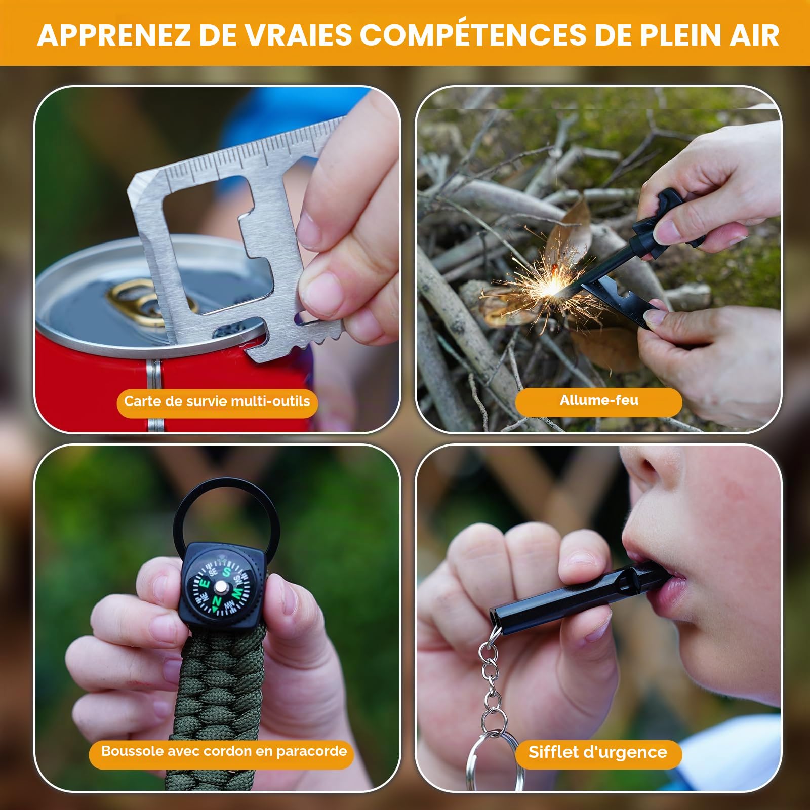 Kit de survie en plein air pour enfants avec couteau de poche, outil multifonction, allume-feu, boussole, paracorde, sifflet, mousquetons et sac étanche – Kit d'aventure de camping pour garçons et