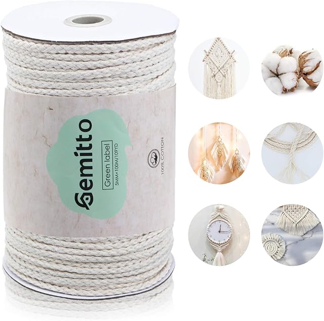 GEMITTO Macrame Cord, 100m x 5mm Macrame Plant Hanger Rope, Decoration Cotton String Twine Craft DIY Knitting Thread, Macrame Roll for Tapestry Wall Hanging, Garden Flower Pot Holder Beige