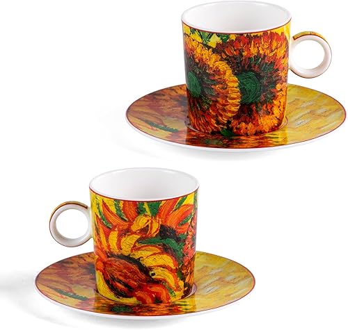 Miniatura 24 de KAMMAK Juego de 2 tazas de té y platillos, tazas de café de porcelana fina, tazas de café apilables de 8.5 onzas, Demitasse de cerámica para café,