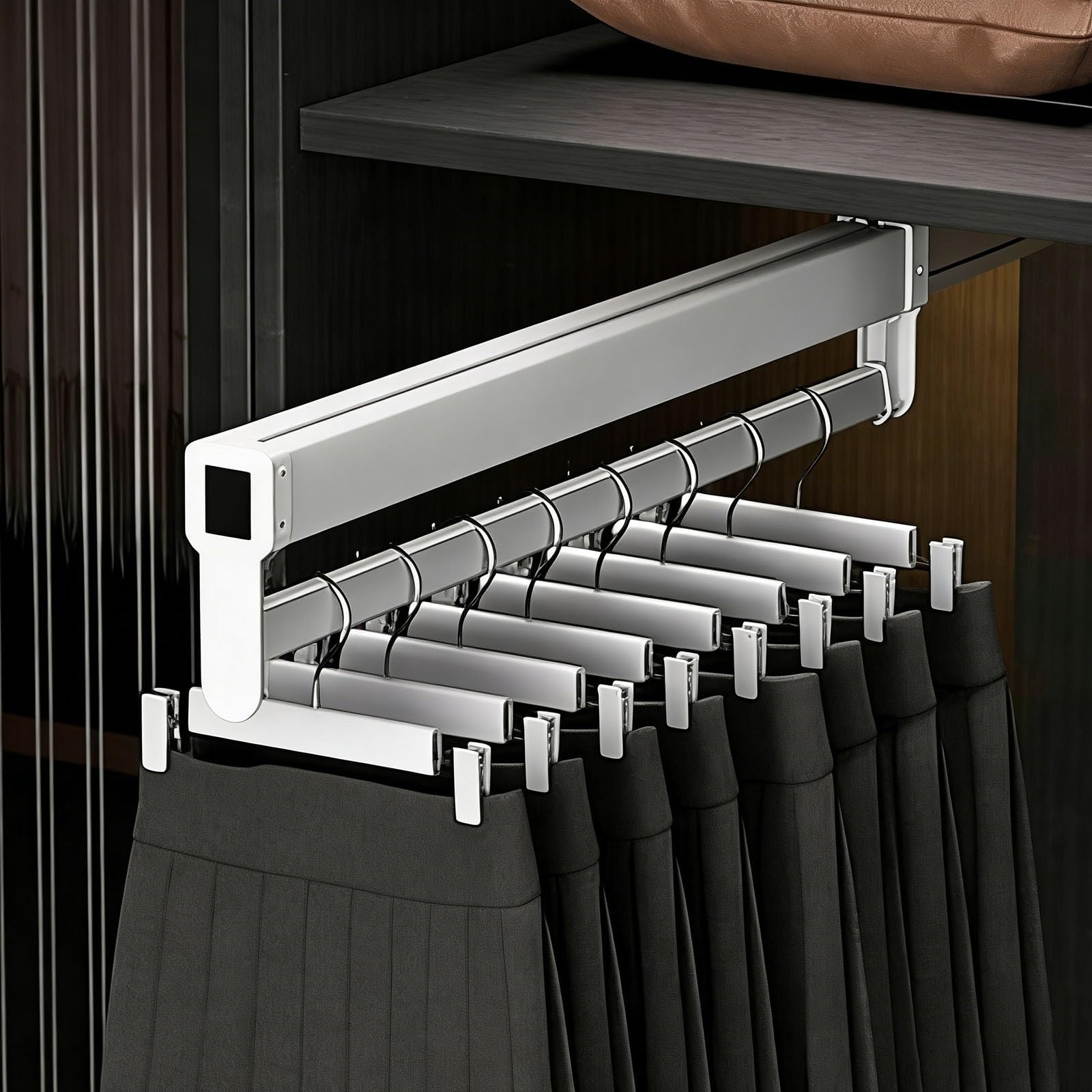 Porte-pantalons rétractable armoire gain de place coulissant blanc