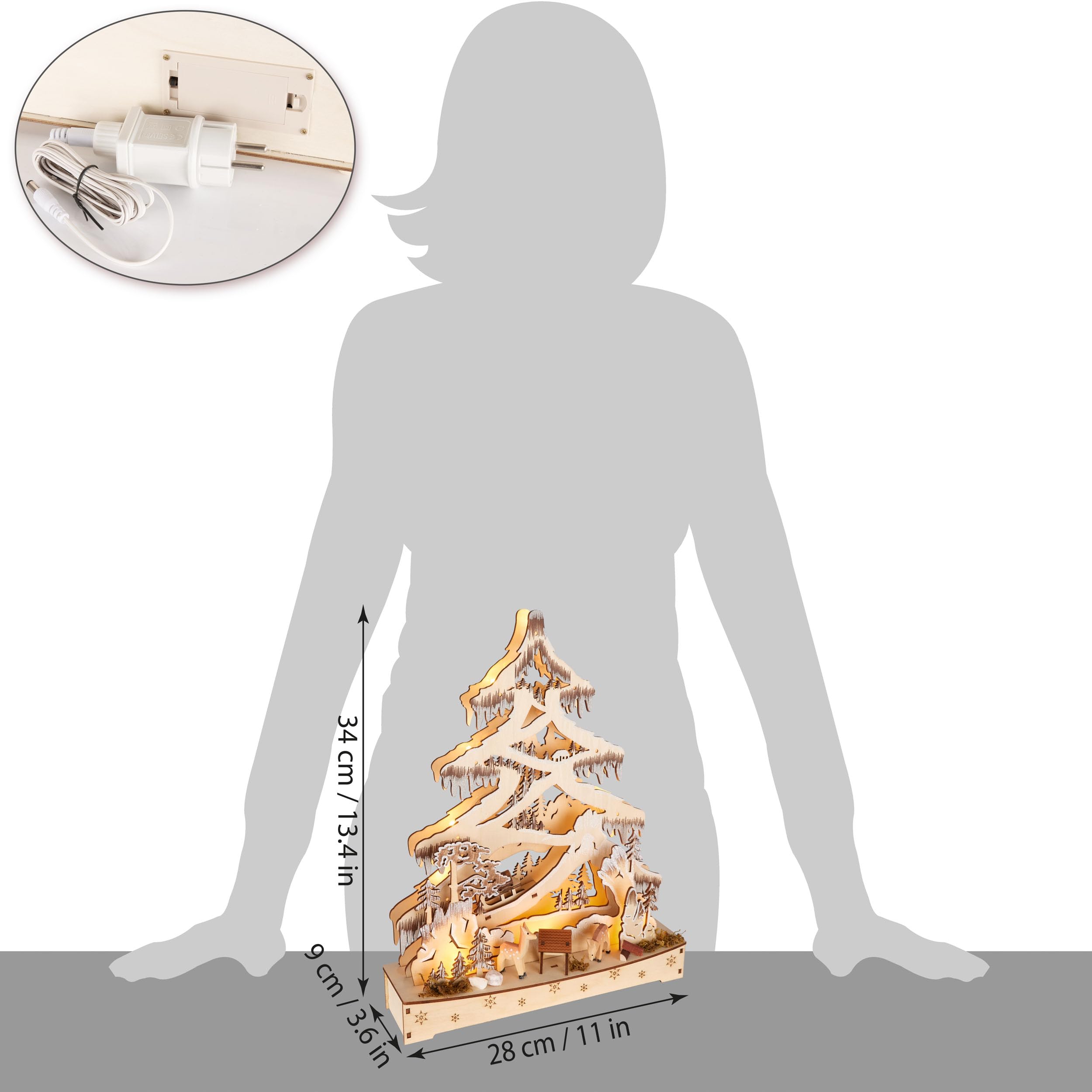 BRUBAKER 3D Lichterbogen - LED Schwibbogen - Tannenbaum Wald - Weihnachtsbeleuchtung aus Holz Natur - 34 x 28 x 9 cm - Handbemalte Figuren - Weihnachtsdeko für Tisch & Fenster