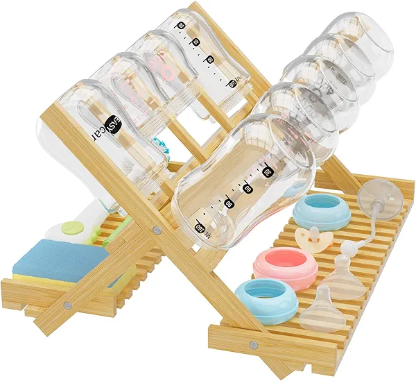 Msoesticc.dl Baby Bottle Drying Rack Foldable Vertical Bamboo Milk Bottle and Accessories Organizer for Busy Parents, Maximizes Space, Quick Drying, Easy Cleanup & Storage (Bamboo)
