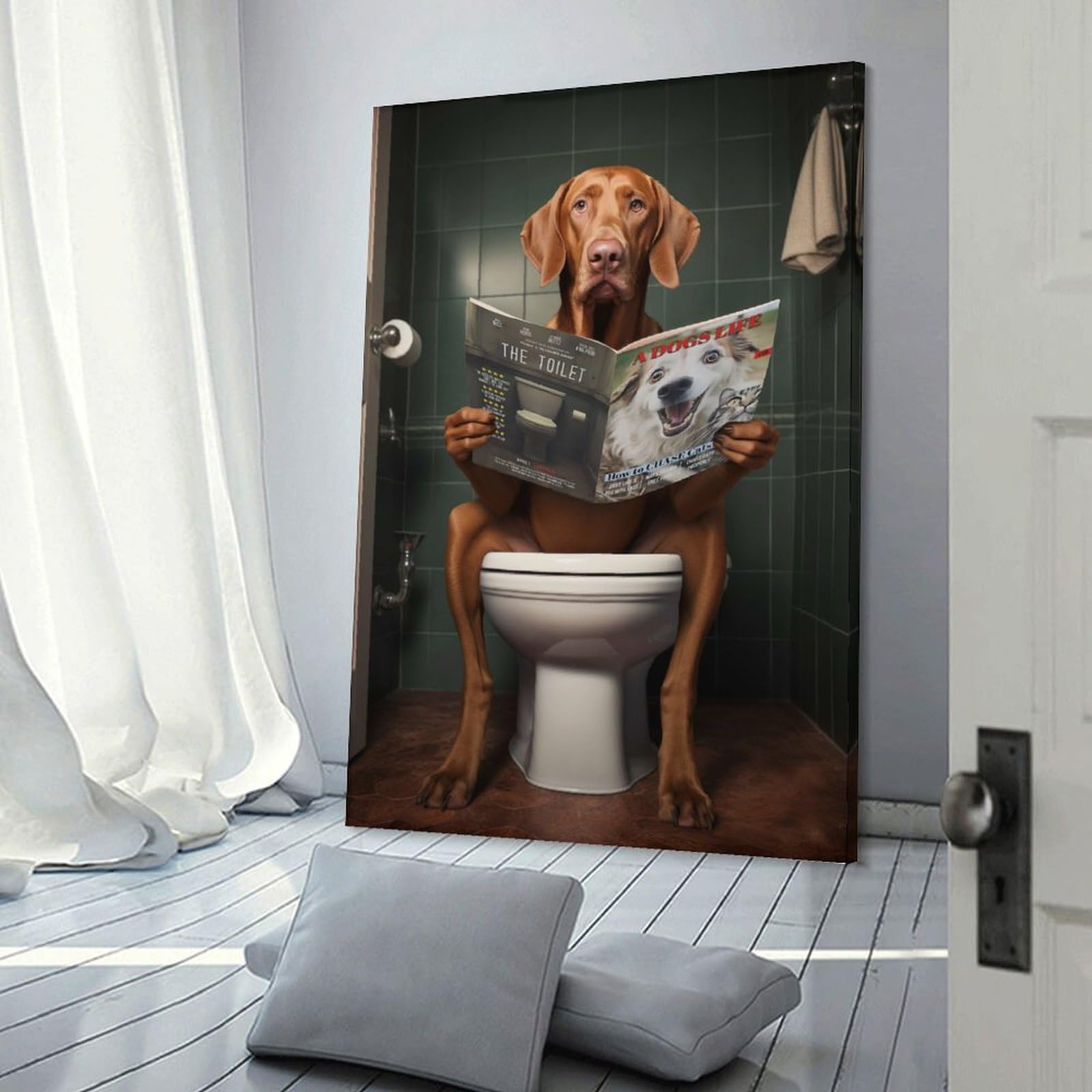 Junmoney Vizsla on The Toilet Wall Decor Canvas Print 24x36inch(60x90cm), for Lounge, Study, Hallway Or Flat Walls, Decorative Artwork with Broad Appeal