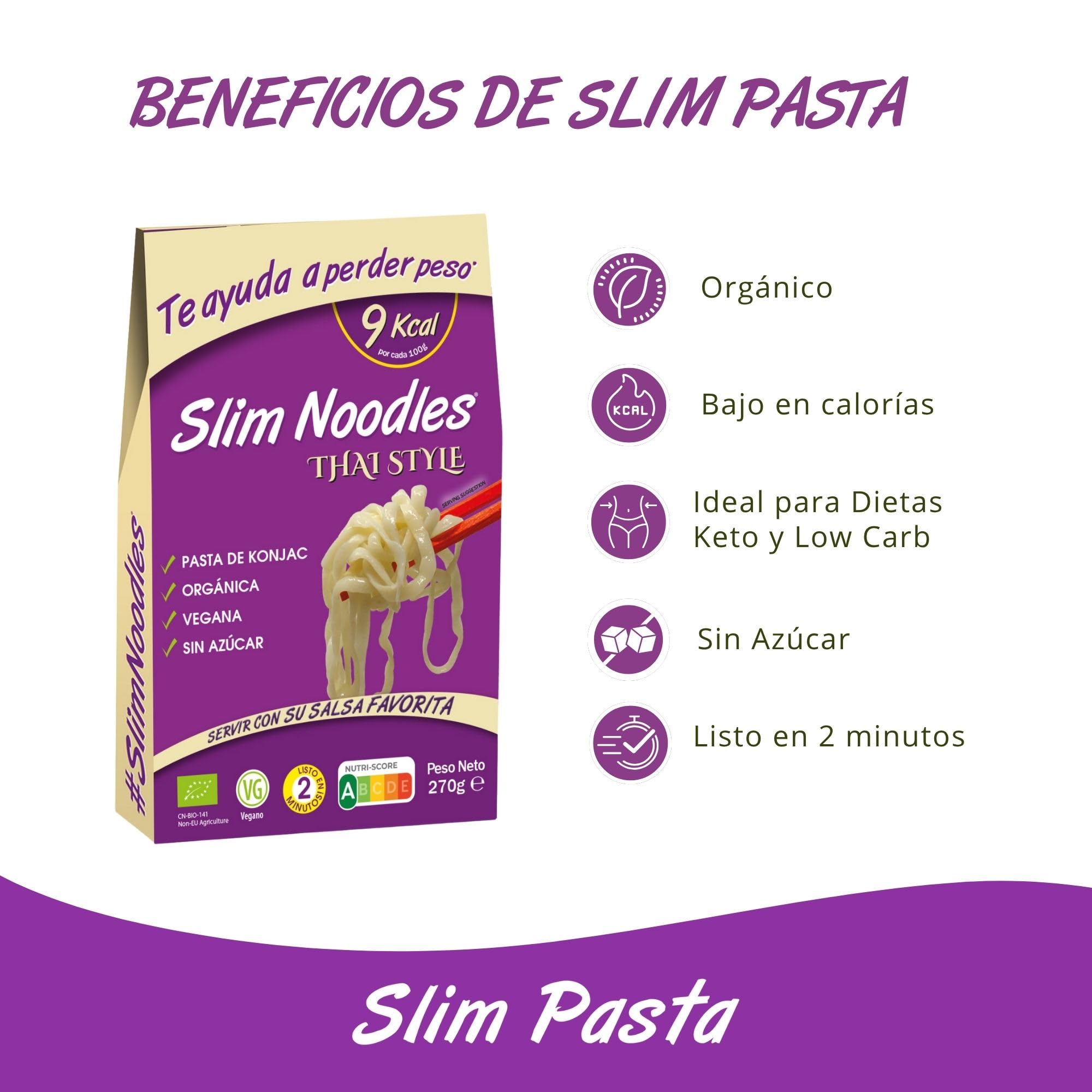 Slim Pasta - Pack de 12 Unidades de Noodles Thai Style de Konjac - Sin Calorías ni Carbohidratos - Ideal para Dietas Keto y Low Carb - Apto para Veganos - Elaborado con Harina de Konjac